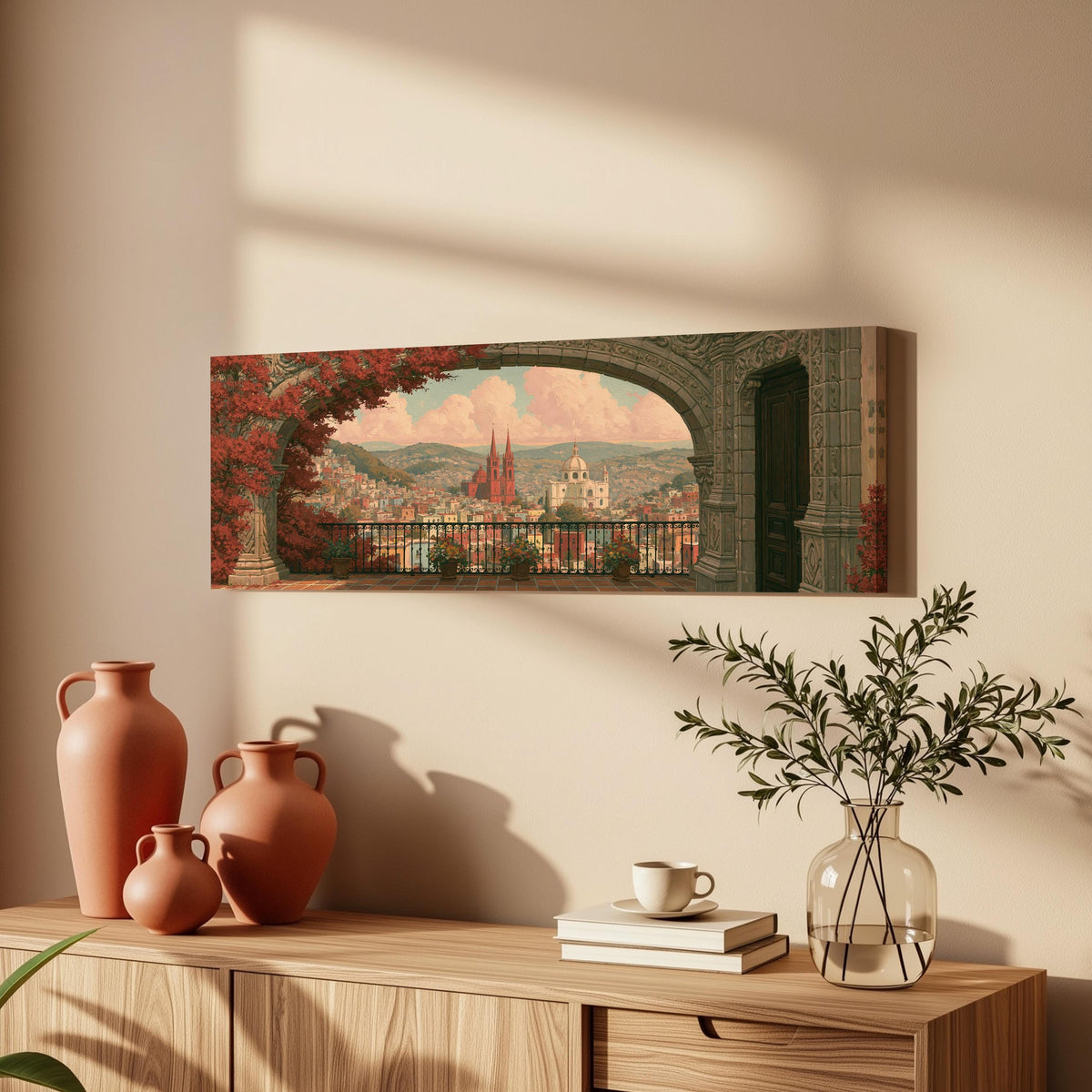 Old world city view through an archway long horizontal canvas print above a wooden sideboard