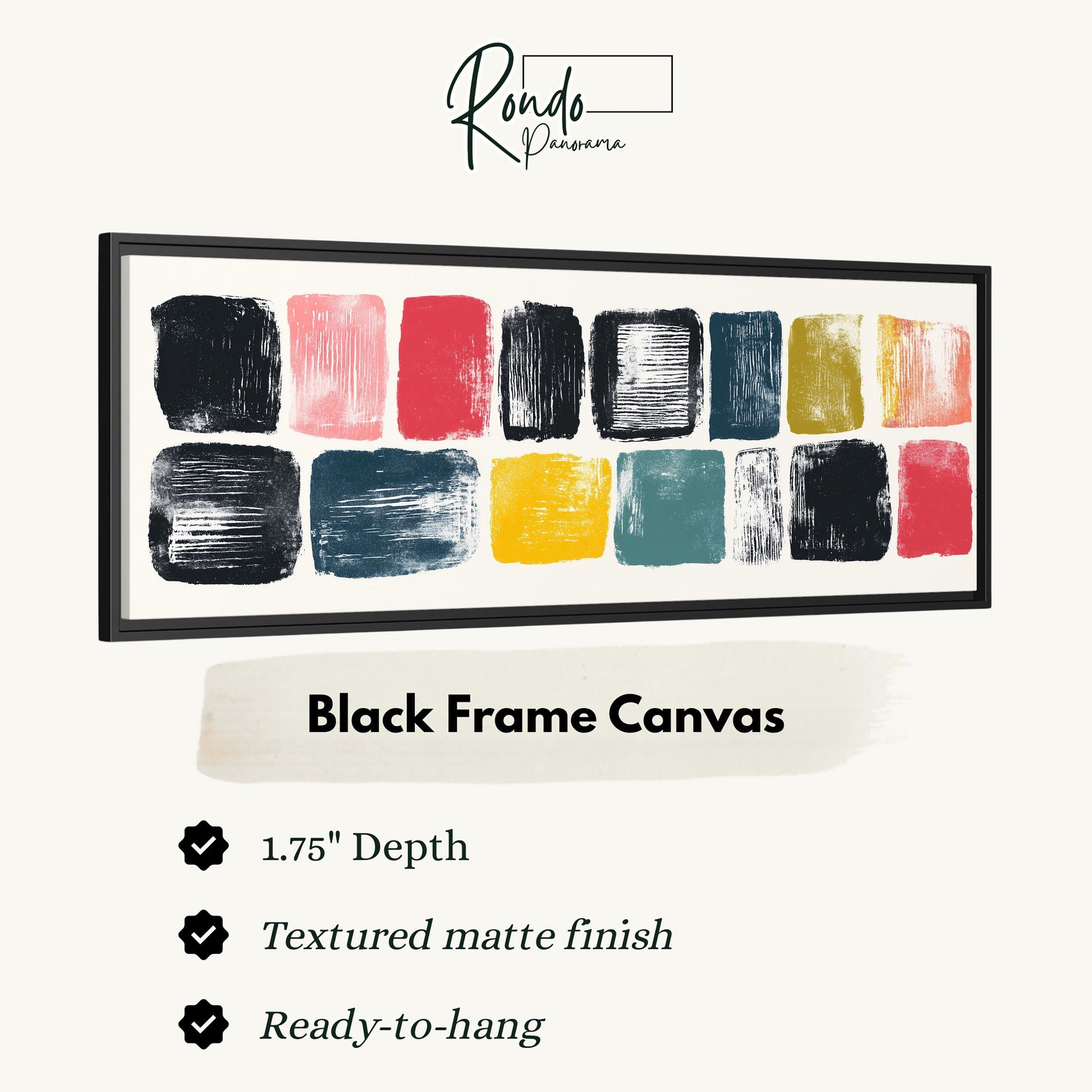 The image is a product advertisement for a black frame canvas. It features a variety of abstract artworks in different colors and brushstrokes, showcasing the versatility and artistic appeal of the canvas. The advertisement highlights the canvas's 1.75" depth, textured matte finish, and its readiness to hang.