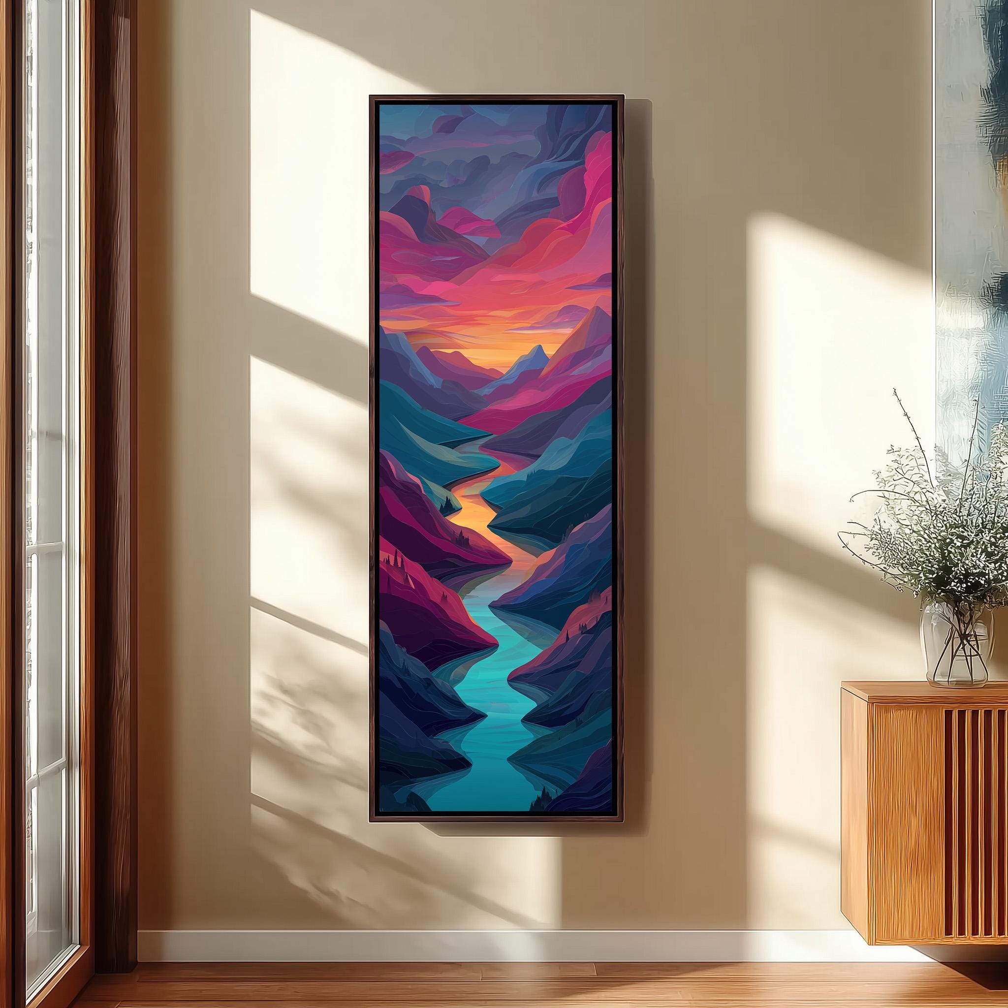 a large, colorful painting of a mountain landscape hanging on a wall.