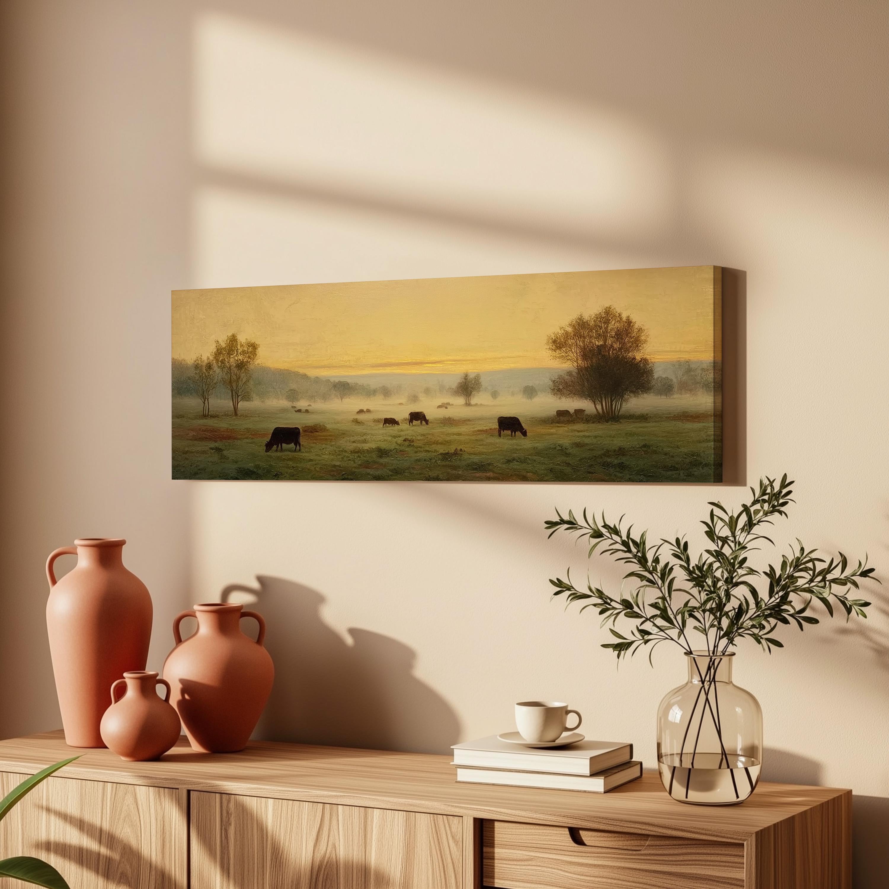 a painting of a pastoral scene with cows grazing in a field, accompanied by a vase of greenery and a stack of books on a wooden table.