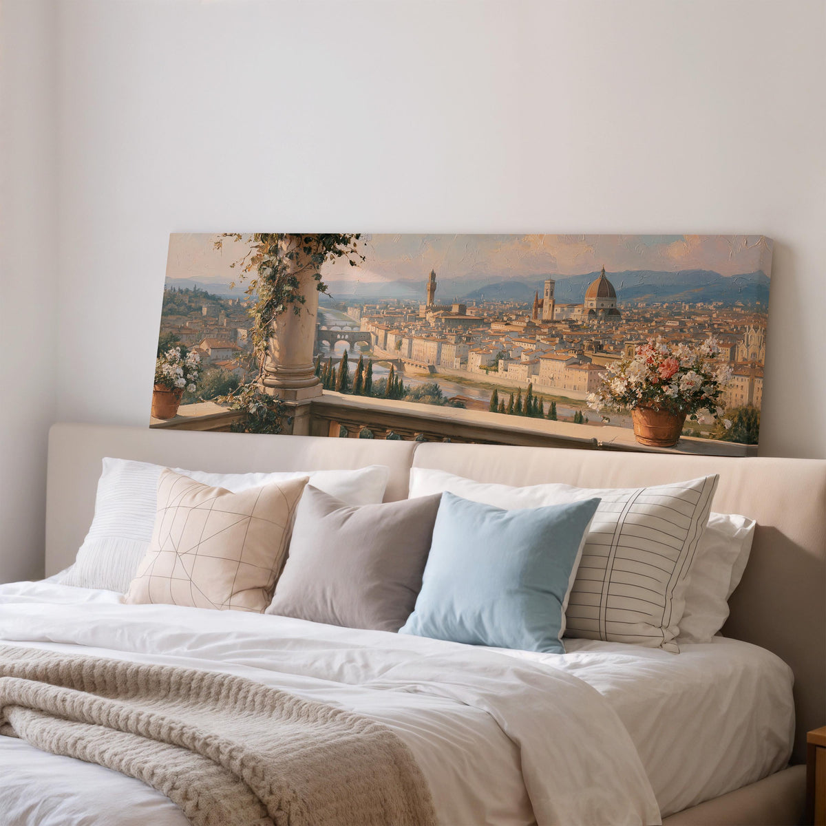 Florence skyline from a flowered balcony wide panoramic canvas print above a bed in a bedroom