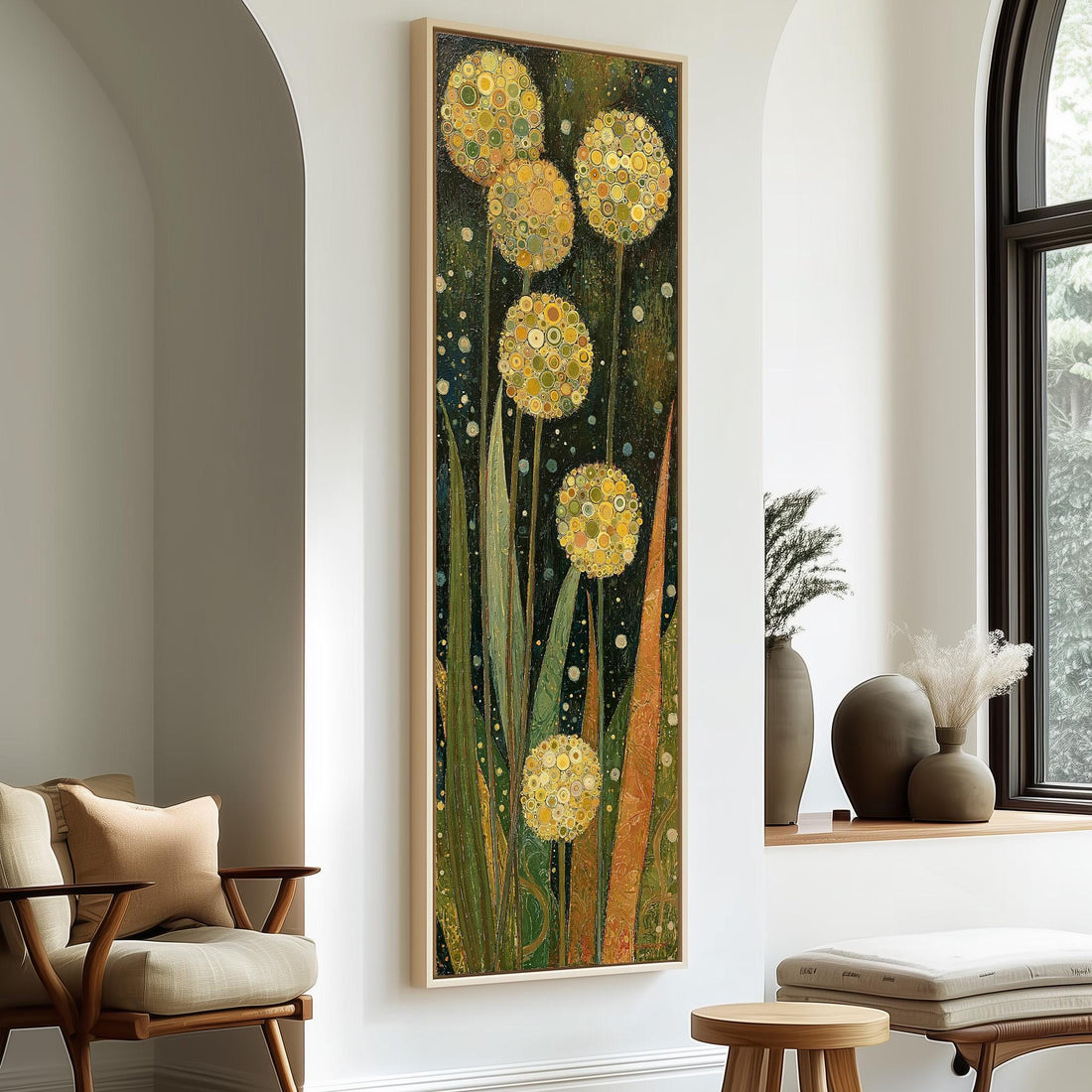 Golden allium blooms long vertical canvas print in a sunlit living space