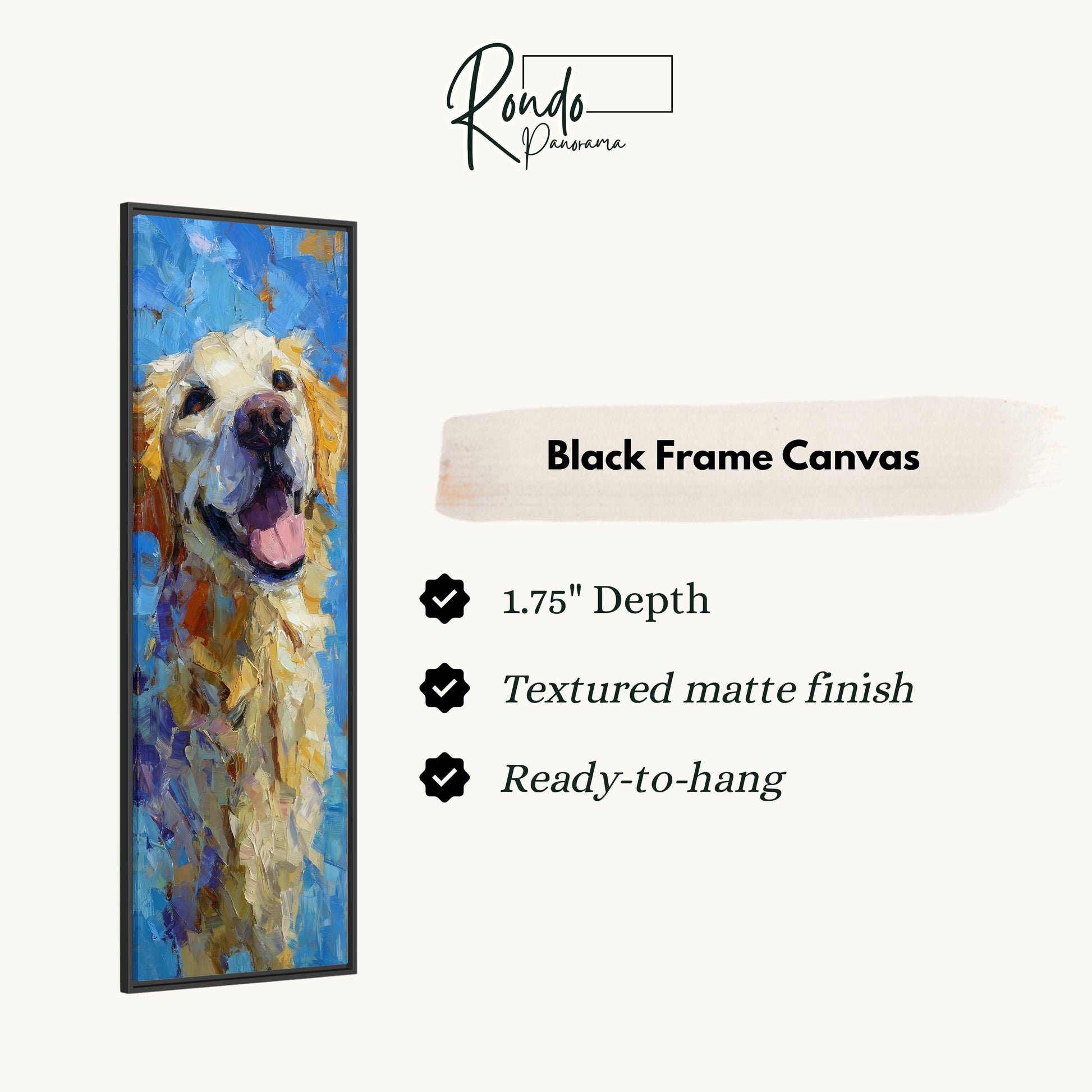 The image is a black frame canvas depicting a happy golden retriever dog with a textured finish.
