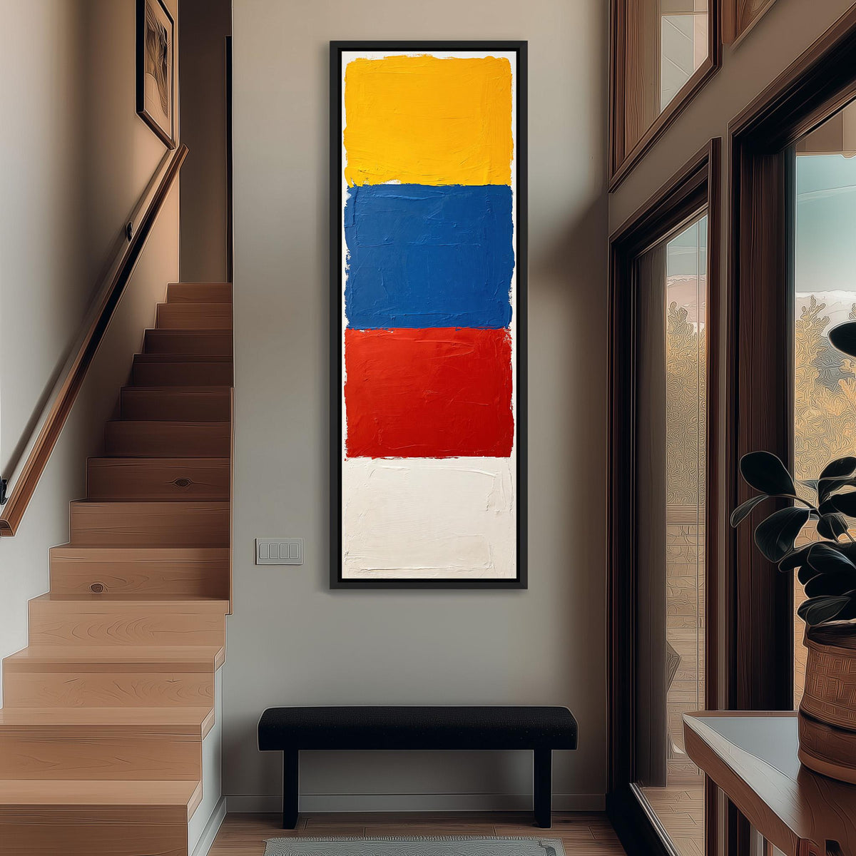 Color field blocks in yellow, blue and red tall narrow canvas print beside a staircase in an entryway