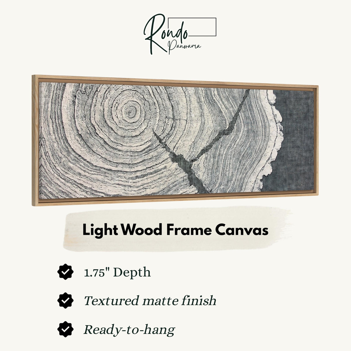 Grey tree ring on linen texture canvas print in a light wood floating frame