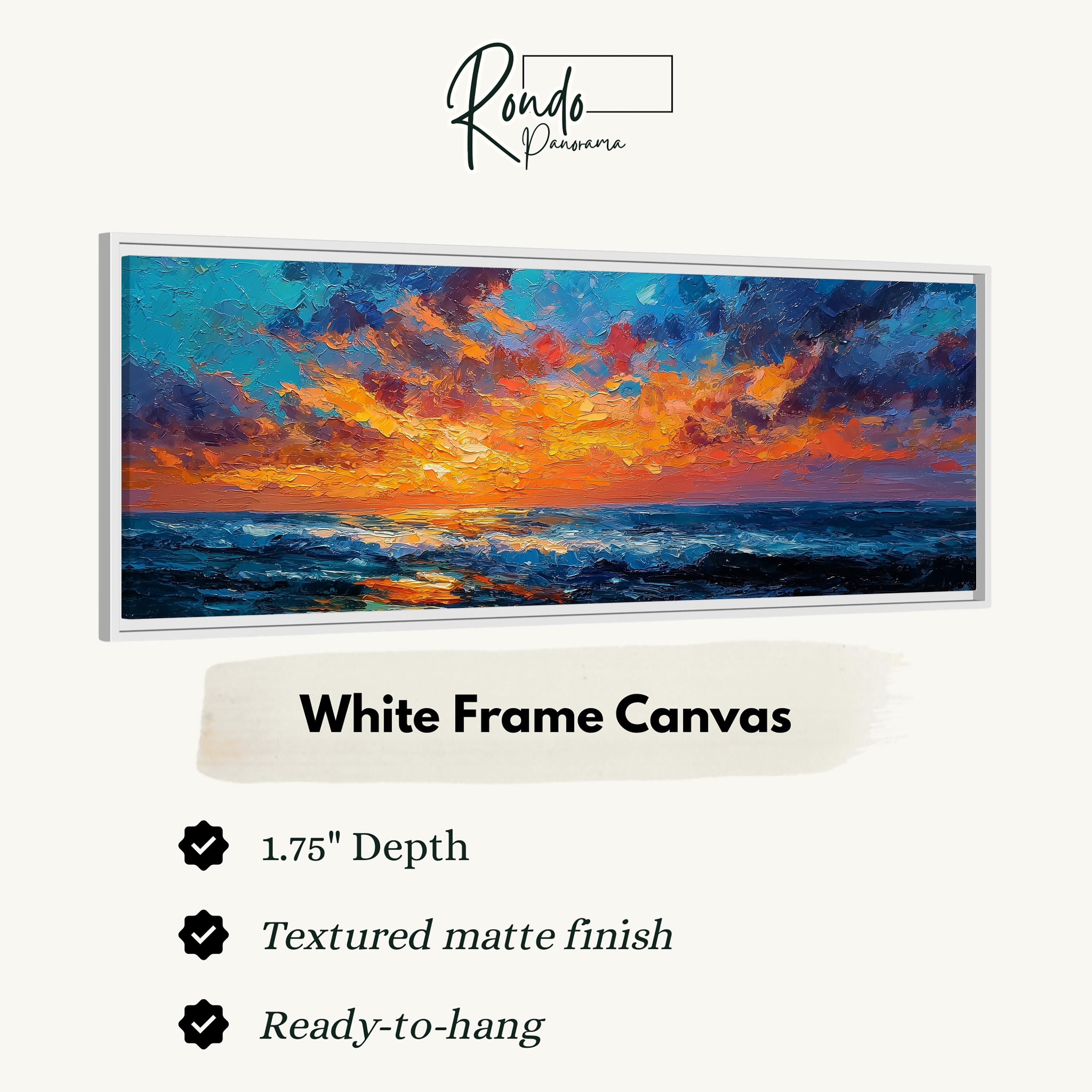The image is a framed artwork depicting a sunset over the ocean.