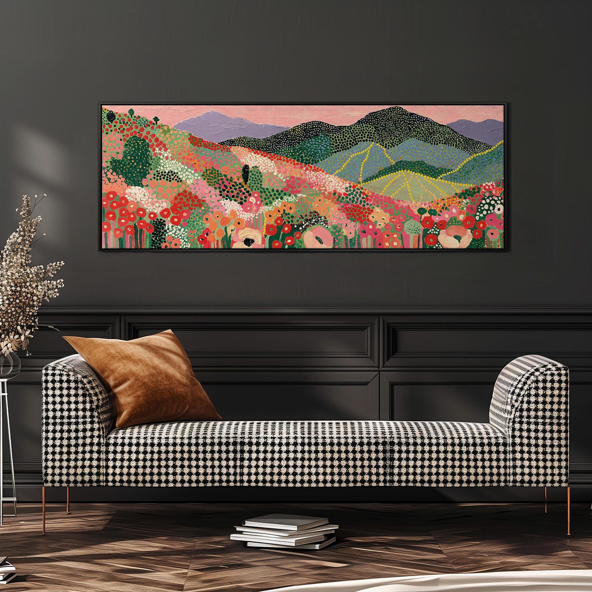 Dotted poppy mountains under a pink sky wide panoramic canvas print above a bench in a dark living room
