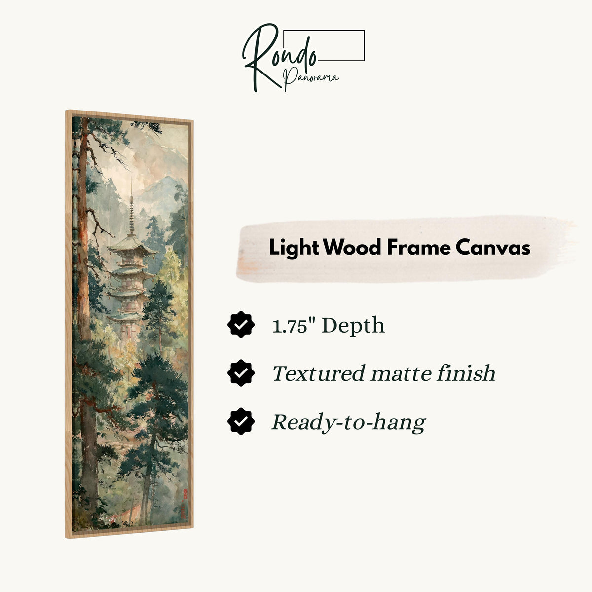 Pagoda in a misty pine forest canvas print in a light wood floating frame