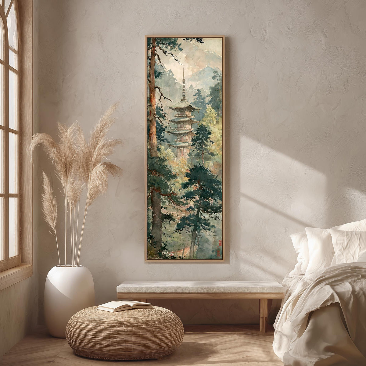 Pagoda in a misty pine forest long vertical canvas print in a bright reading corner