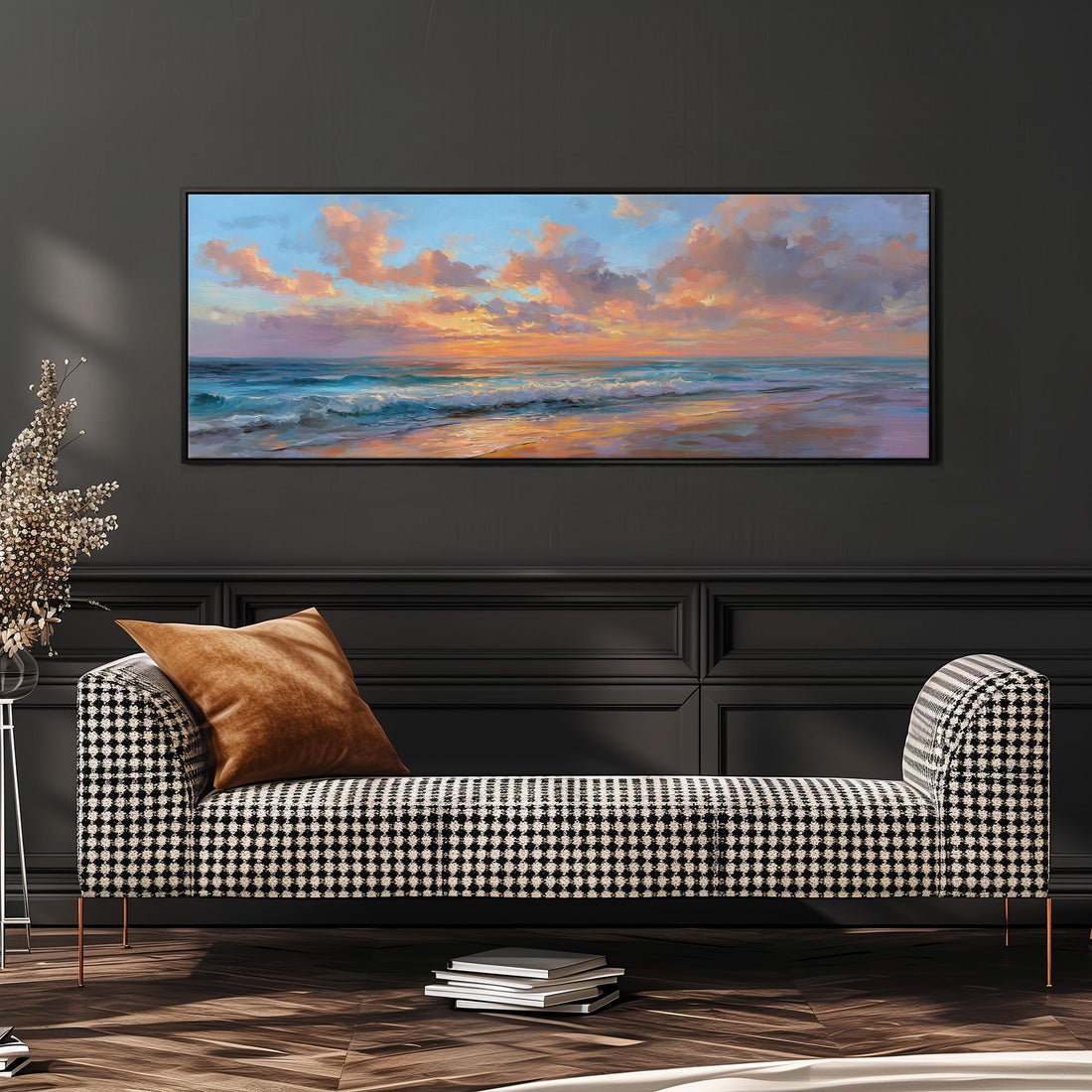 a large, rectangular painting of a serene beach scene hanging on a wall above a brown sofa.