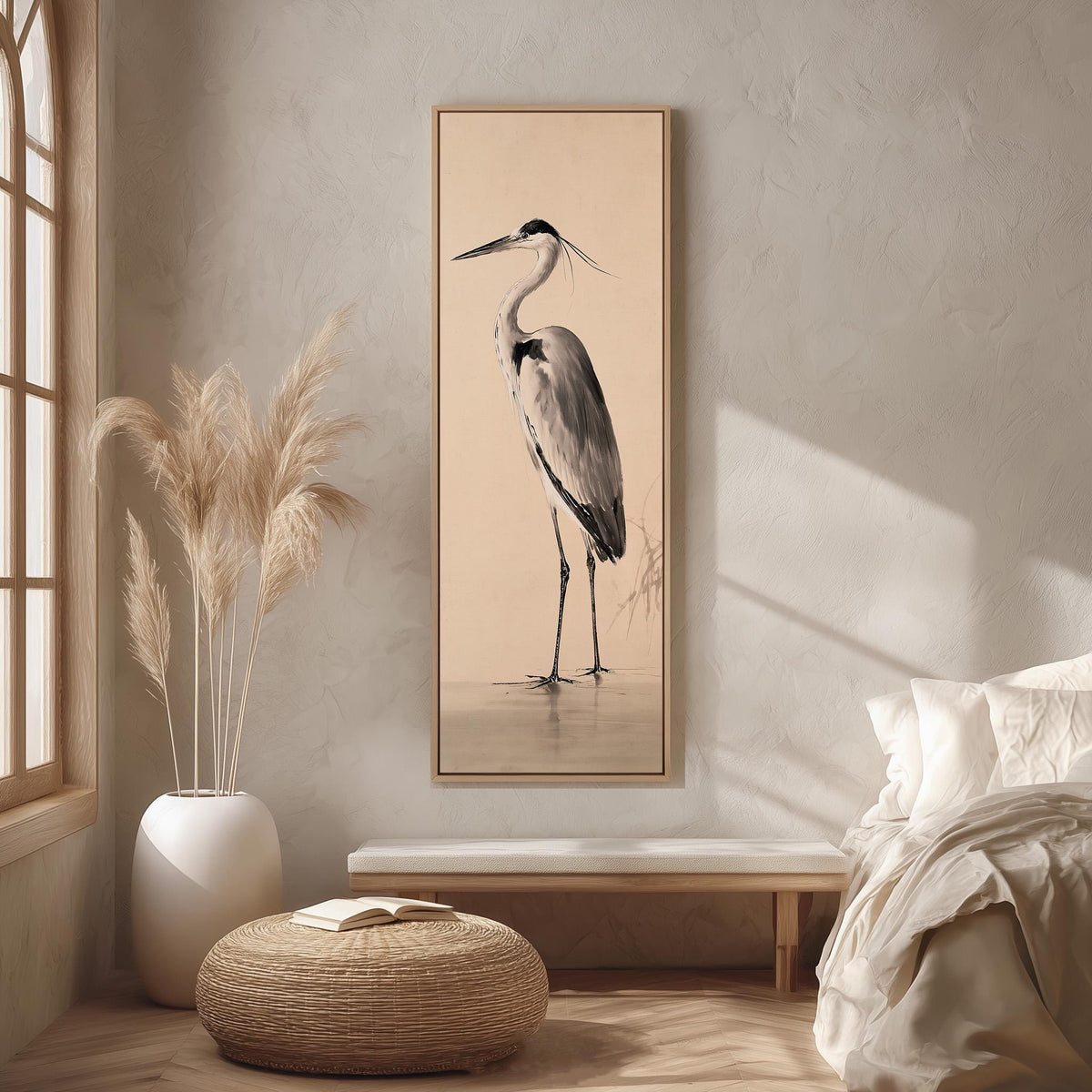 Grey heron standing in shallow water long vertical canvas print in a bright reading corner