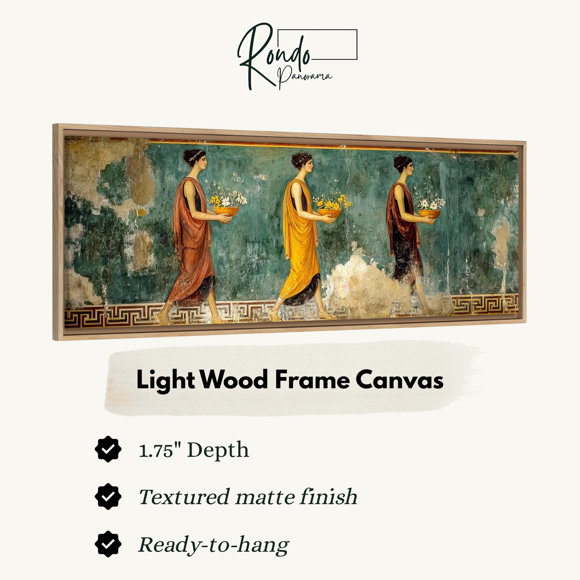 The image is a light wood frame canvas depicting three women carrying baskets of flowers.