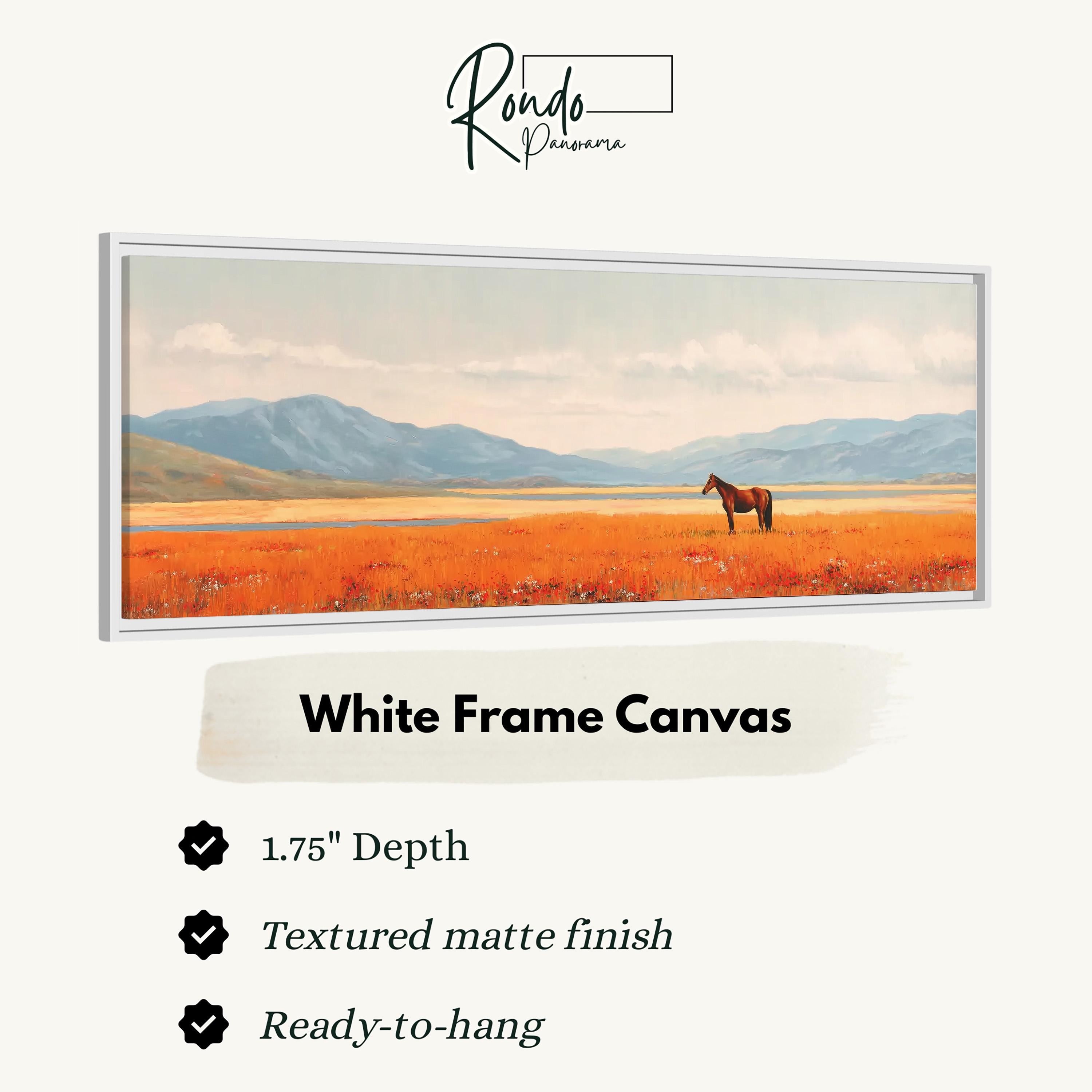 The image is a white frame canvas depicting a horse standing in a field with mountains in the background.