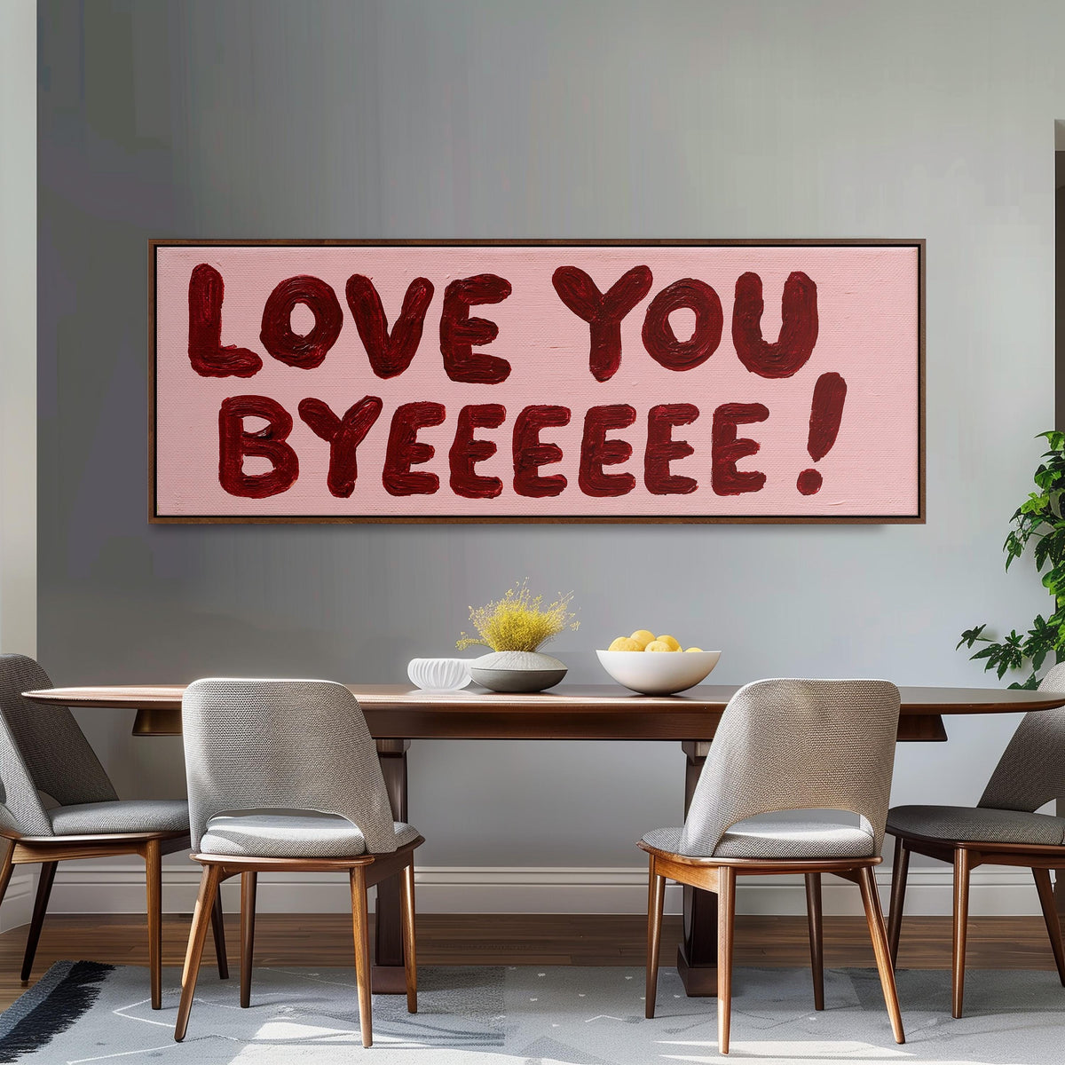 Love you byeeeee retro quote panoramic canvas print above a white sofa in a bright living room