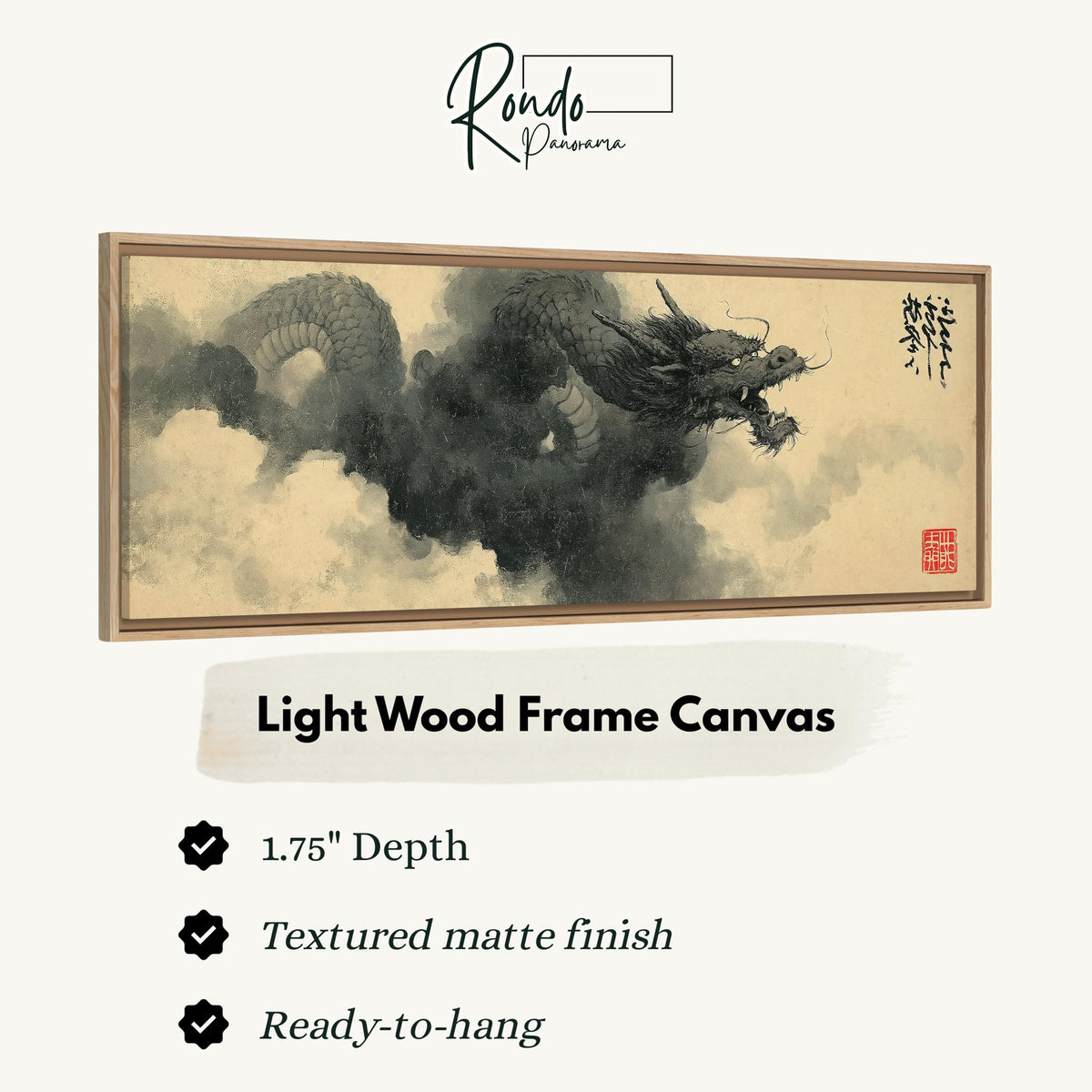 Storm dragon emerging from ink clouds canvas print in a light wood floating frame