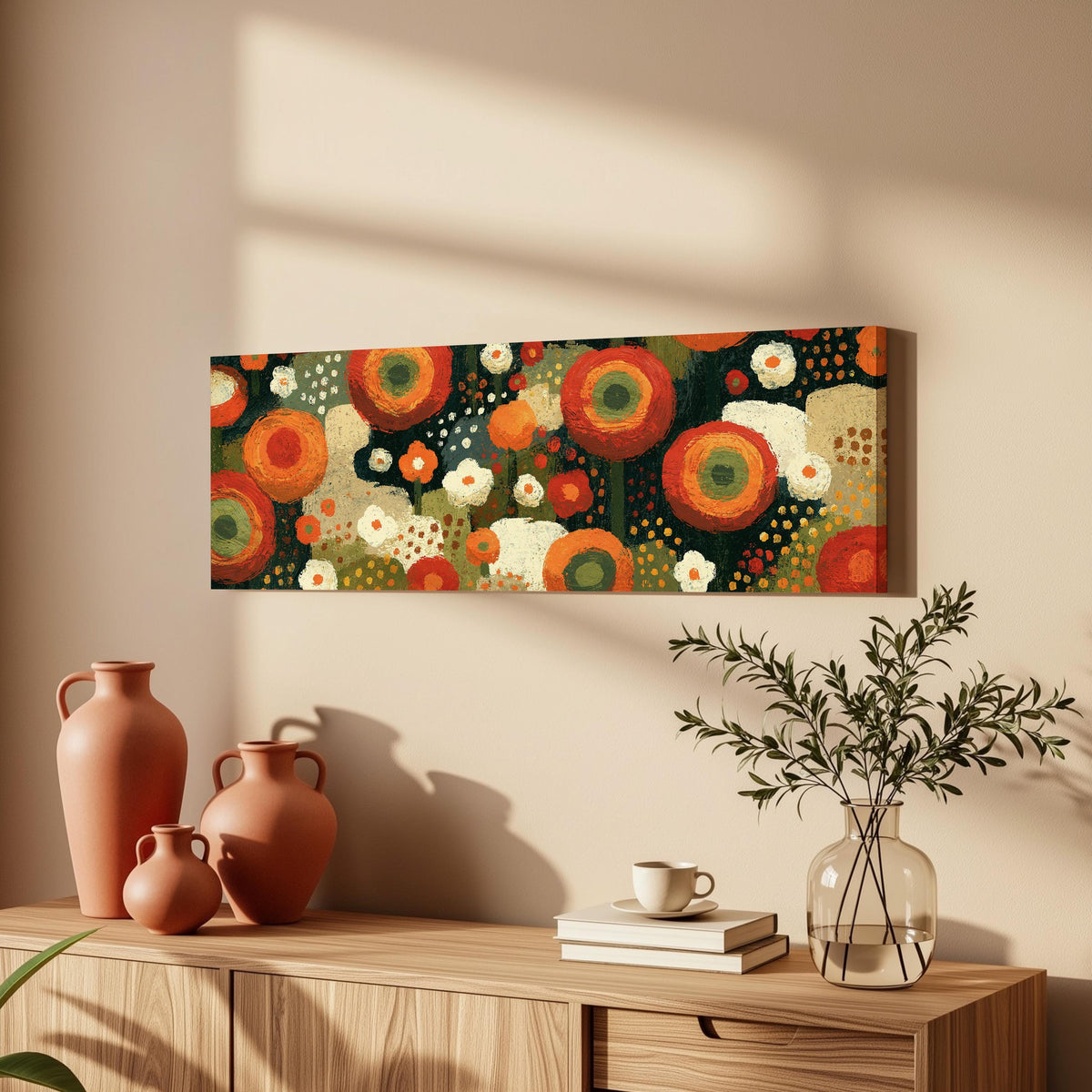 Concentric poppy rings long horizontal canvas print above a wooden sideboard