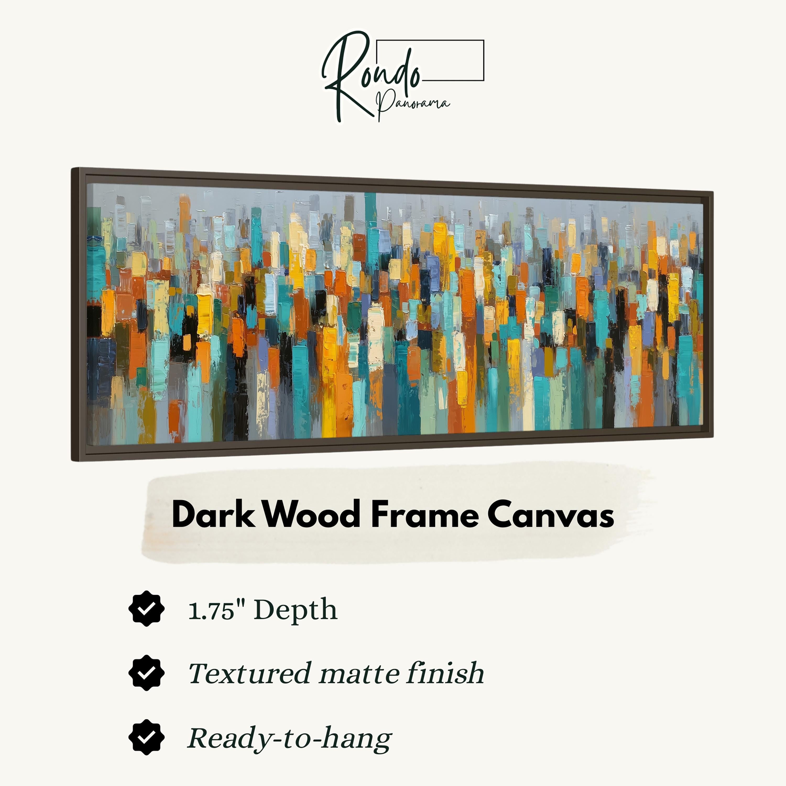 The image is a framed artwork depicting a cityscape with tall buildings in various colors.