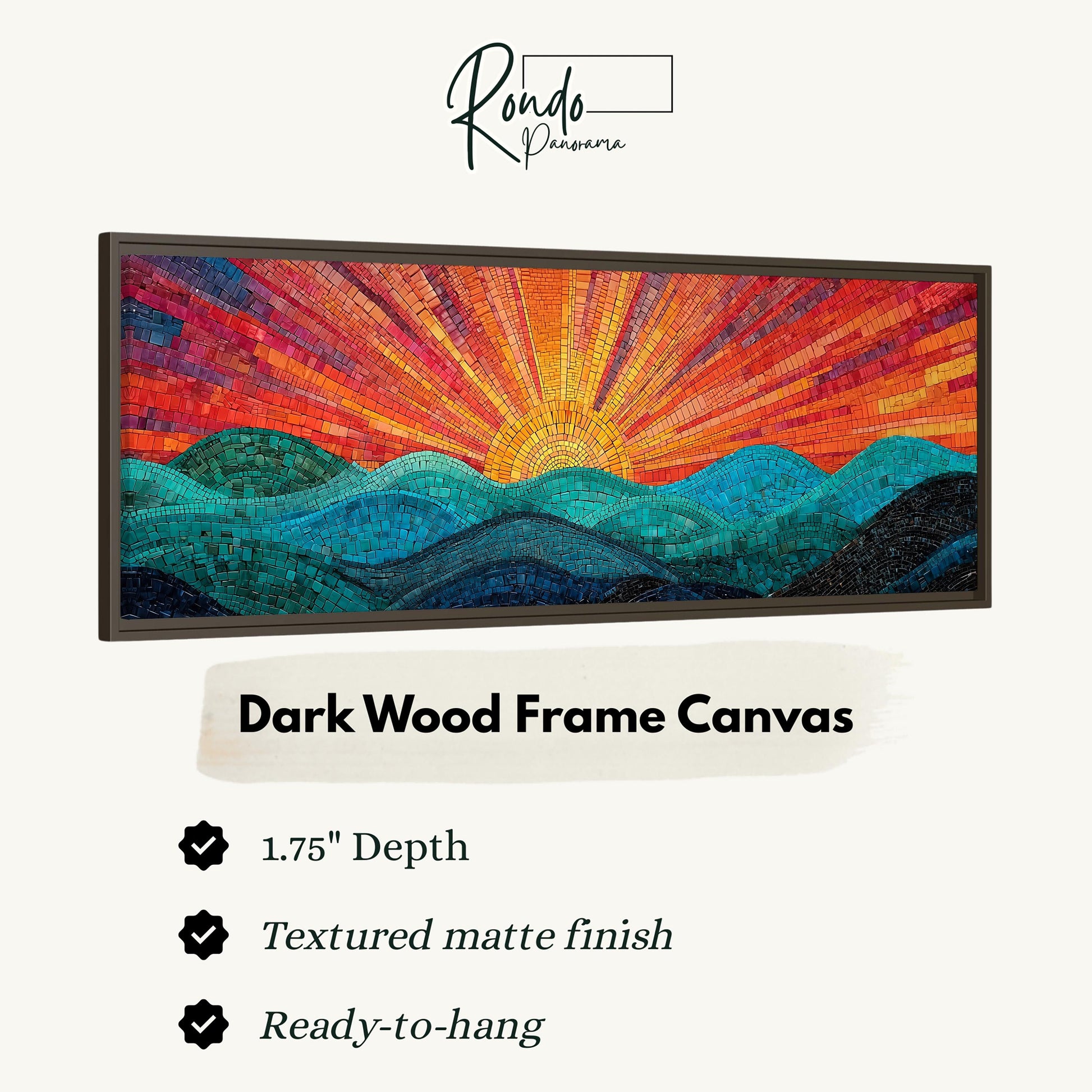 The image is a framed artwork depicting a vibrant, colorful landscape with a sunburst pattern. The frame is described as a "Dark Wood Frame Canvas" with a 1.75" depth, a textured matte finish, and a ready-to-hang feature.