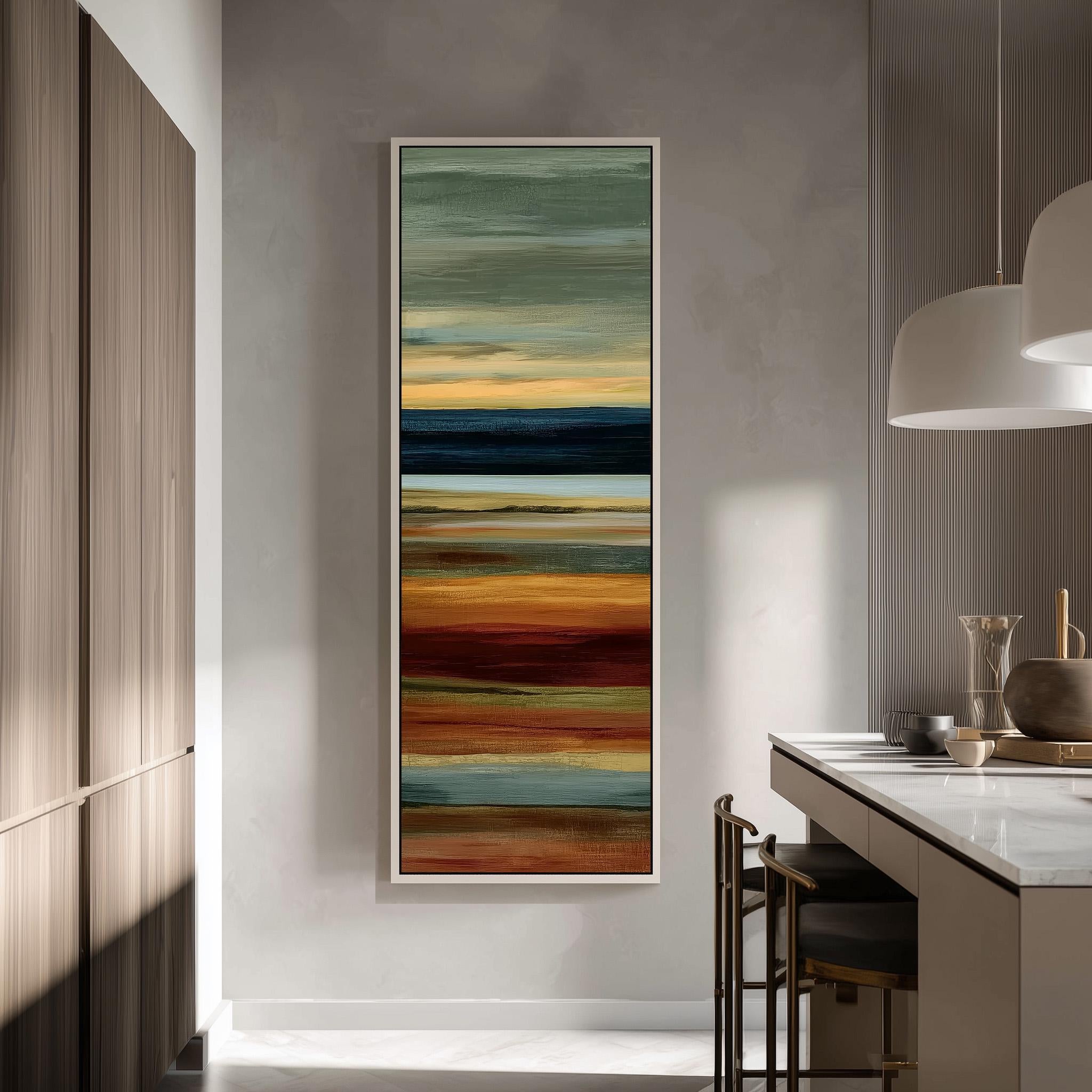 a modern kitchen with a large abstract painting hanging on the wall above a counter. The painting has a vibrant color palette of green, blue, orange, and red, creating a lively and energetic atmosphere in the space.
