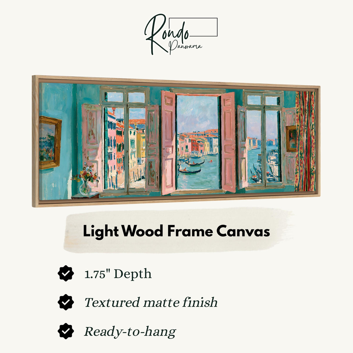 Venice canal and gondolas through a window canvas print in a light wood floating frame