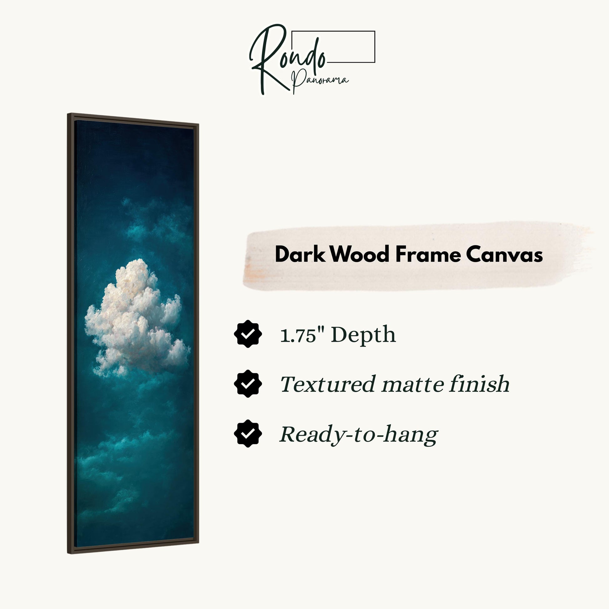 The image is a dark wood frame canvas featuring a close-up of a cloud against a blue sky background.