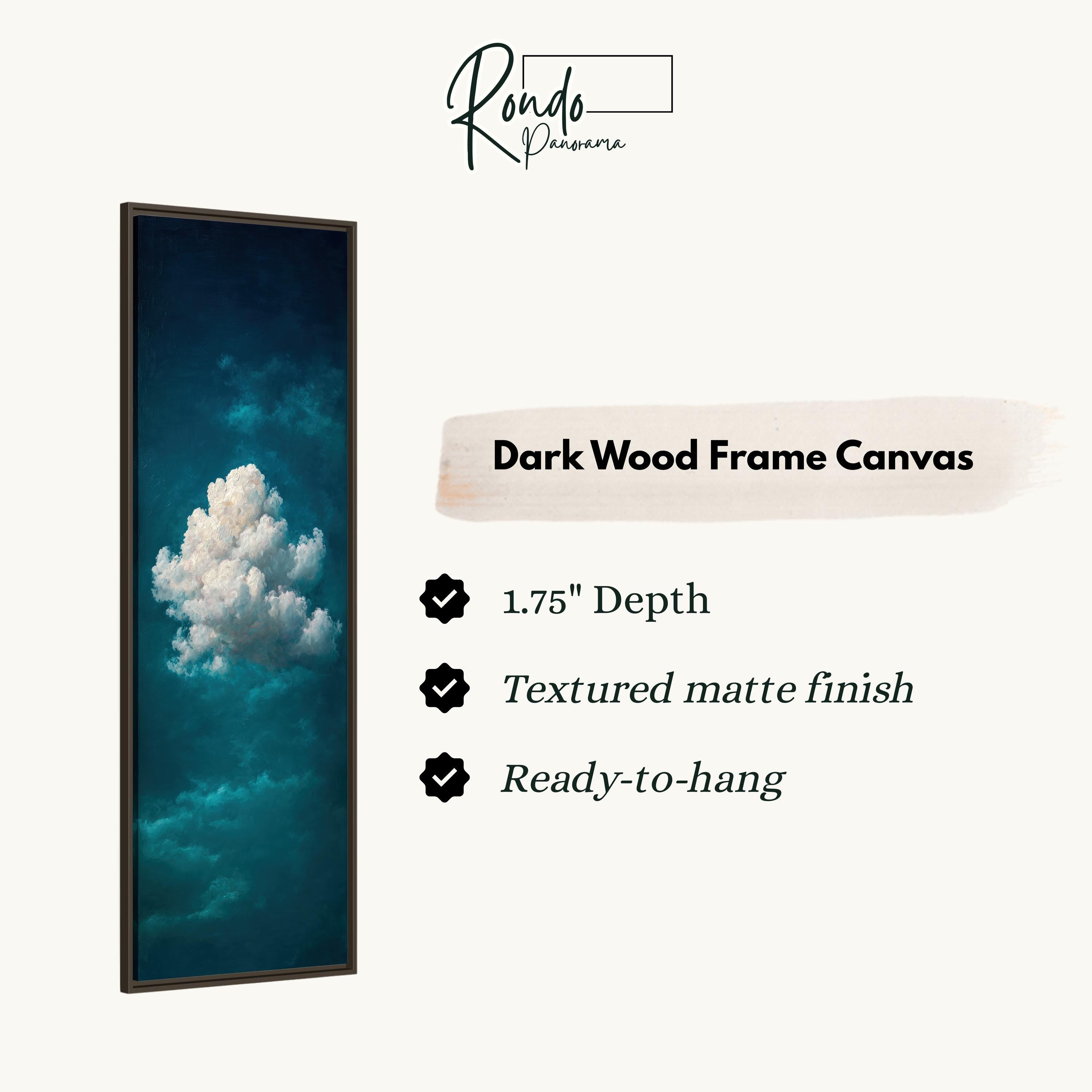 The image is a dark wood frame canvas featuring a close-up of a cloud against a blue sky background.