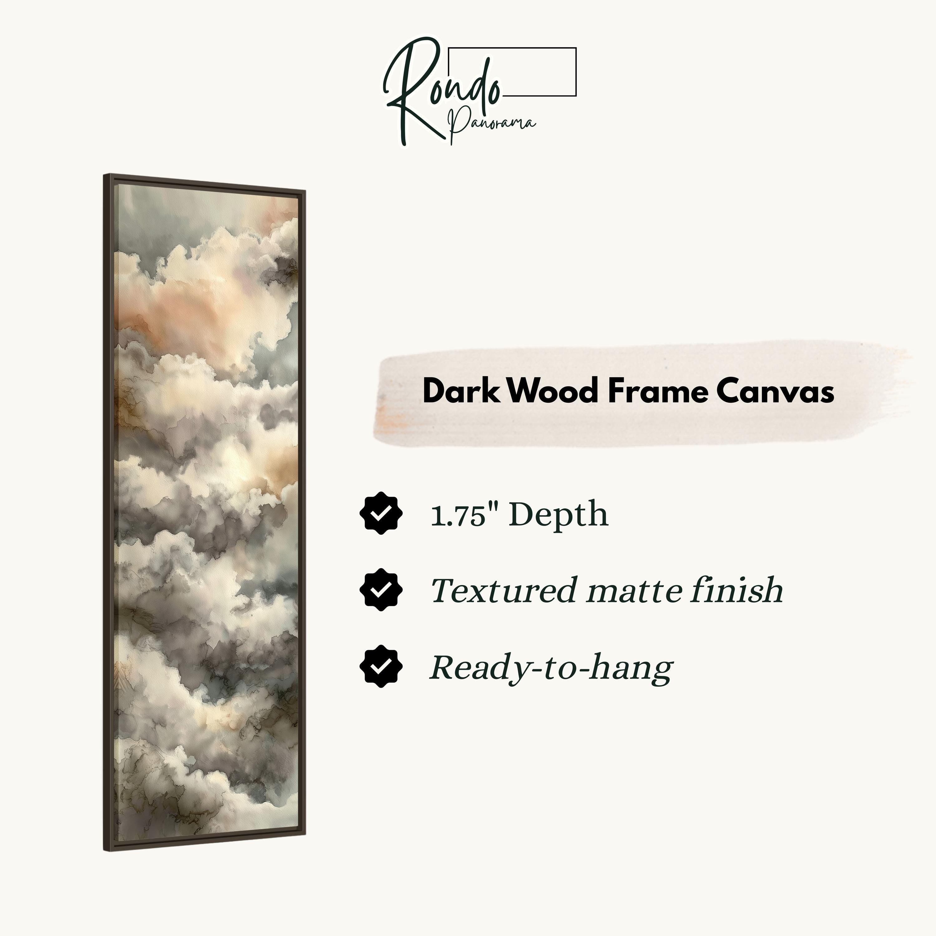 The image is a dark wood frame canvas featuring a painting of clouds.