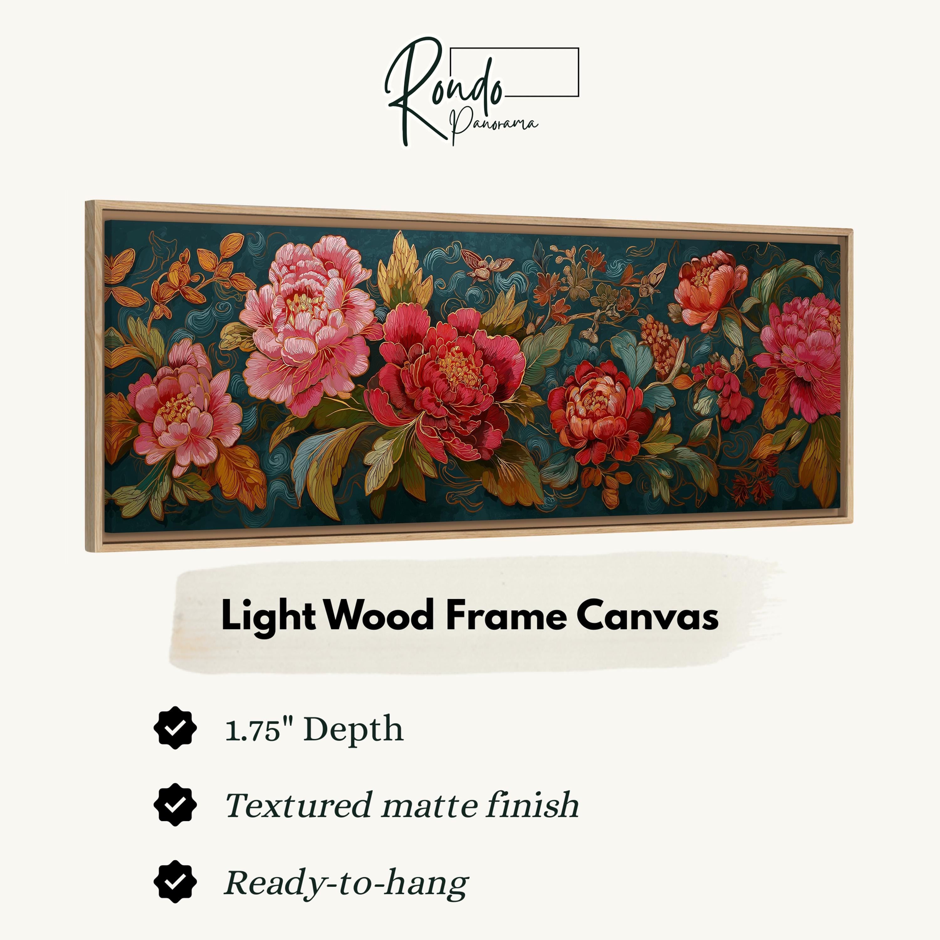 a large, light wood frame canvas with a floral design in shades of pink and red. The frame has a 1.75" depth and is textured with a matte finish. It is ready to hang and is described as a "Light Wood Frame Canvas".