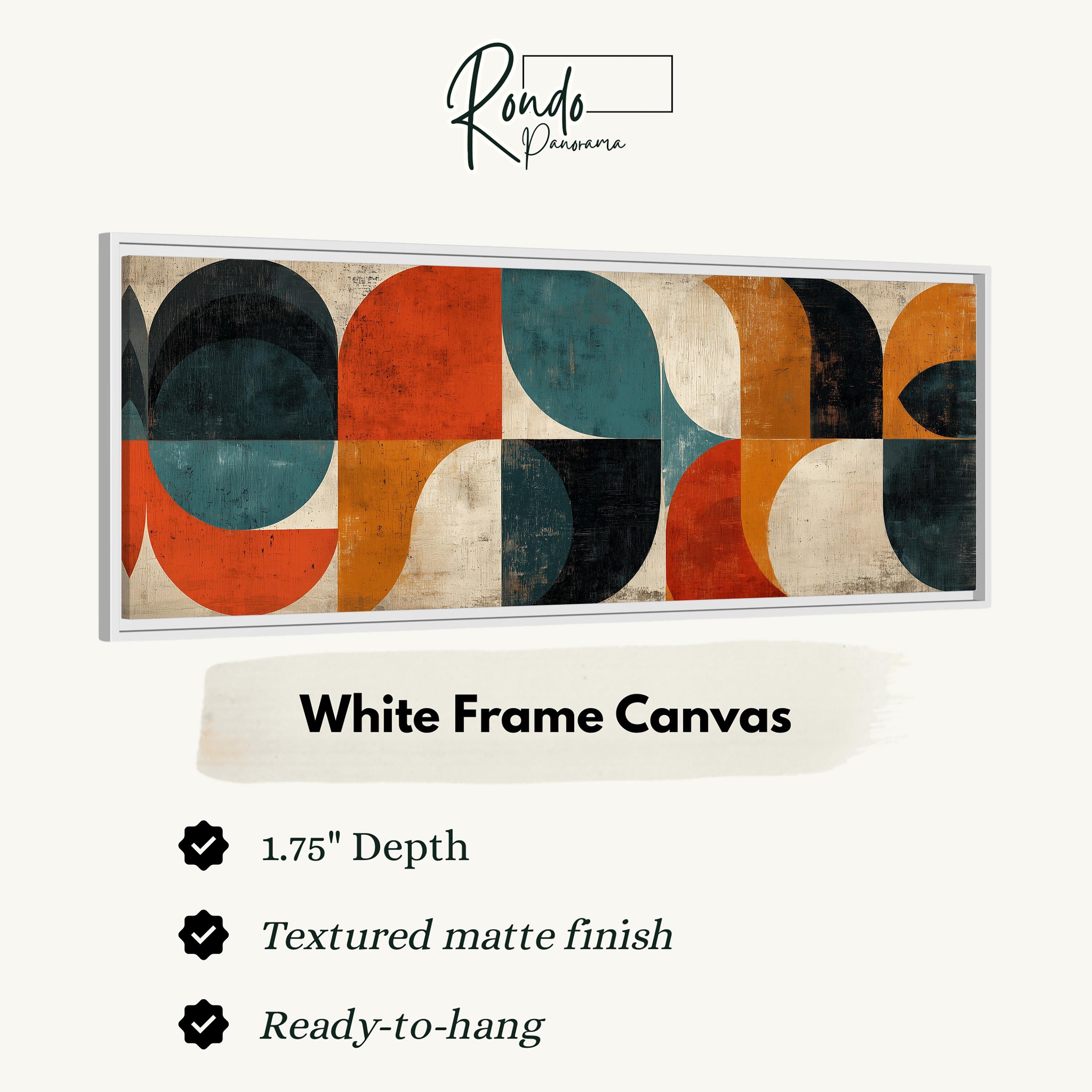 The image is a framed artwork featuring a geometric design with circles and lines in various colors, including white, orange, and green.