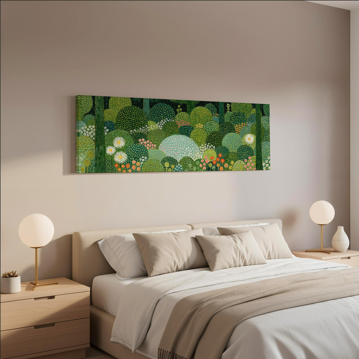 Whimsical dotted topiary garden wide panoramic canvas print above a bed in a neutral bedroom