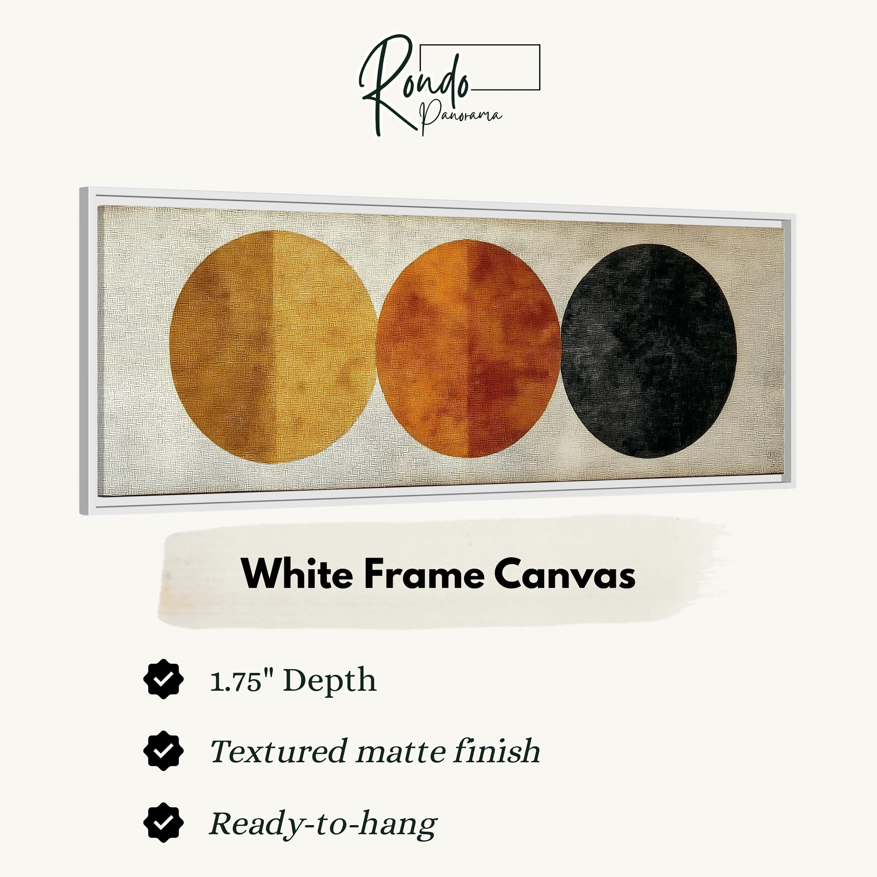 The image is a framed artwork featuring three circles of different sizes and colors, with a white frame.