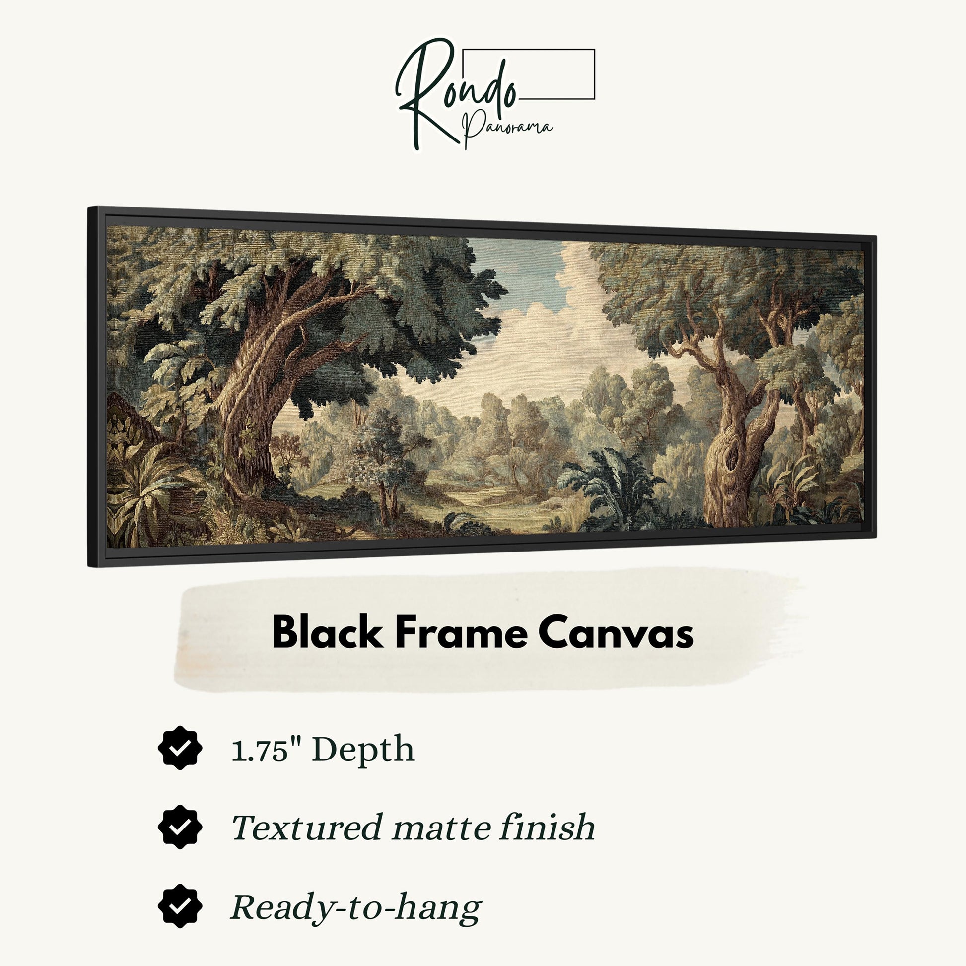 The image is a black frame canvas depicting a lush, forested landscape with trees, plants, and a winding path.