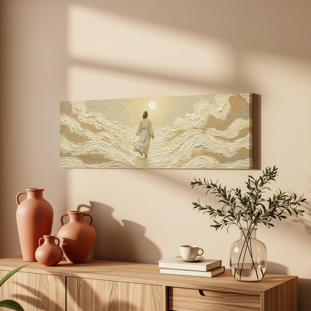 Jesus walking on golden waves long horizontal canvas print above a wooden sideboard