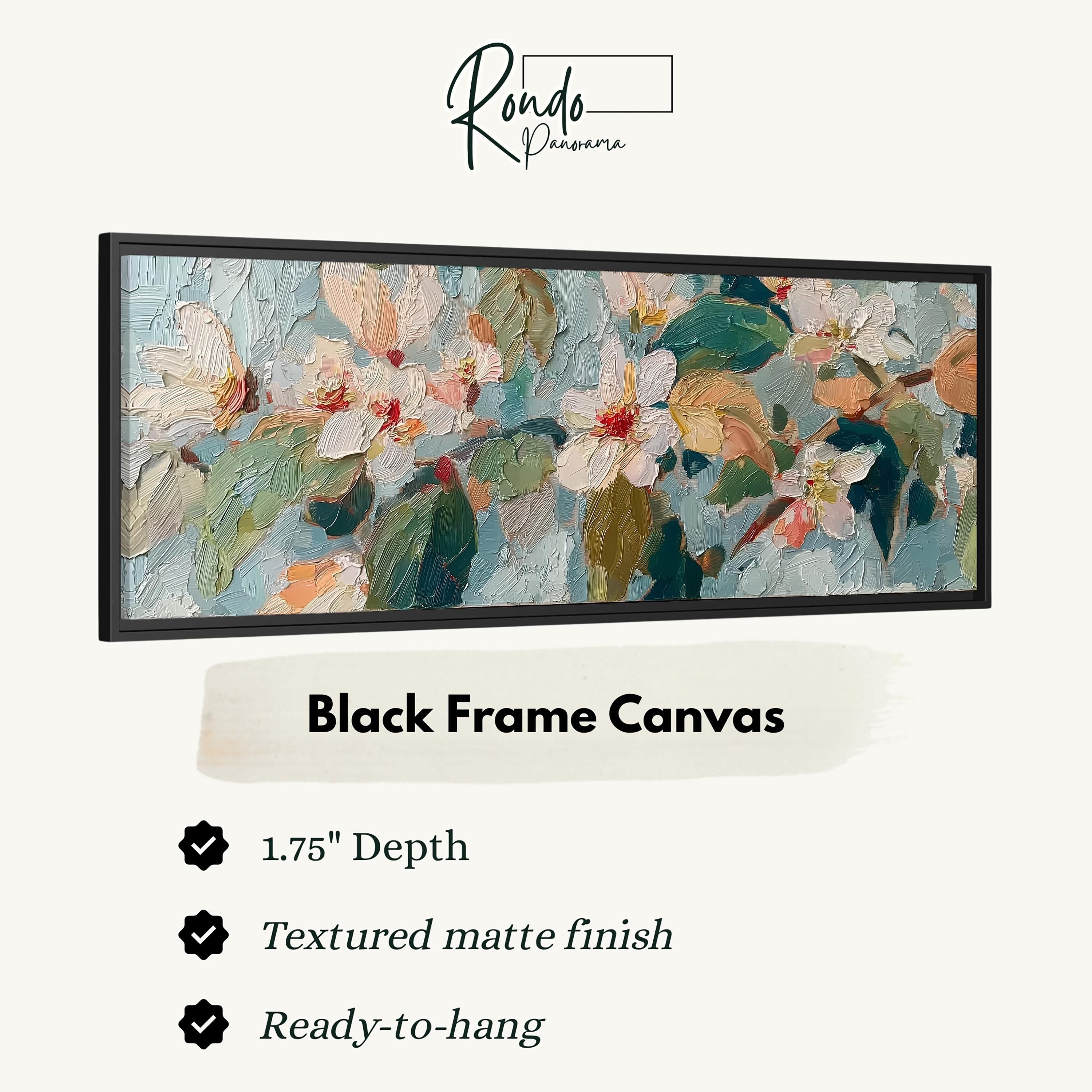 The image is a black frame canvas featuring a painting of flowers.