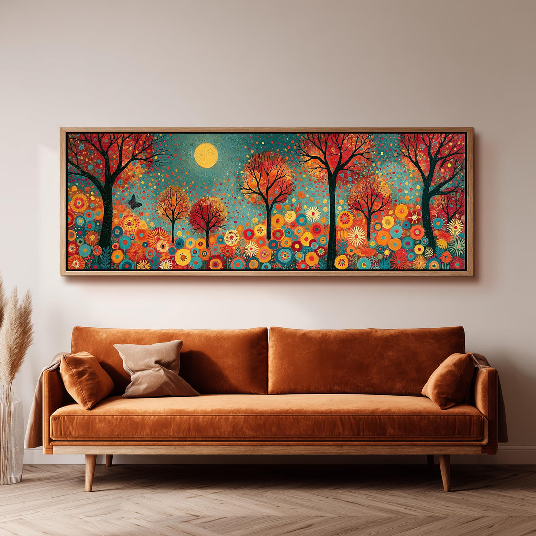 Folk art autumn forest with flowers long horizontal canvas print above a sofa in a living room