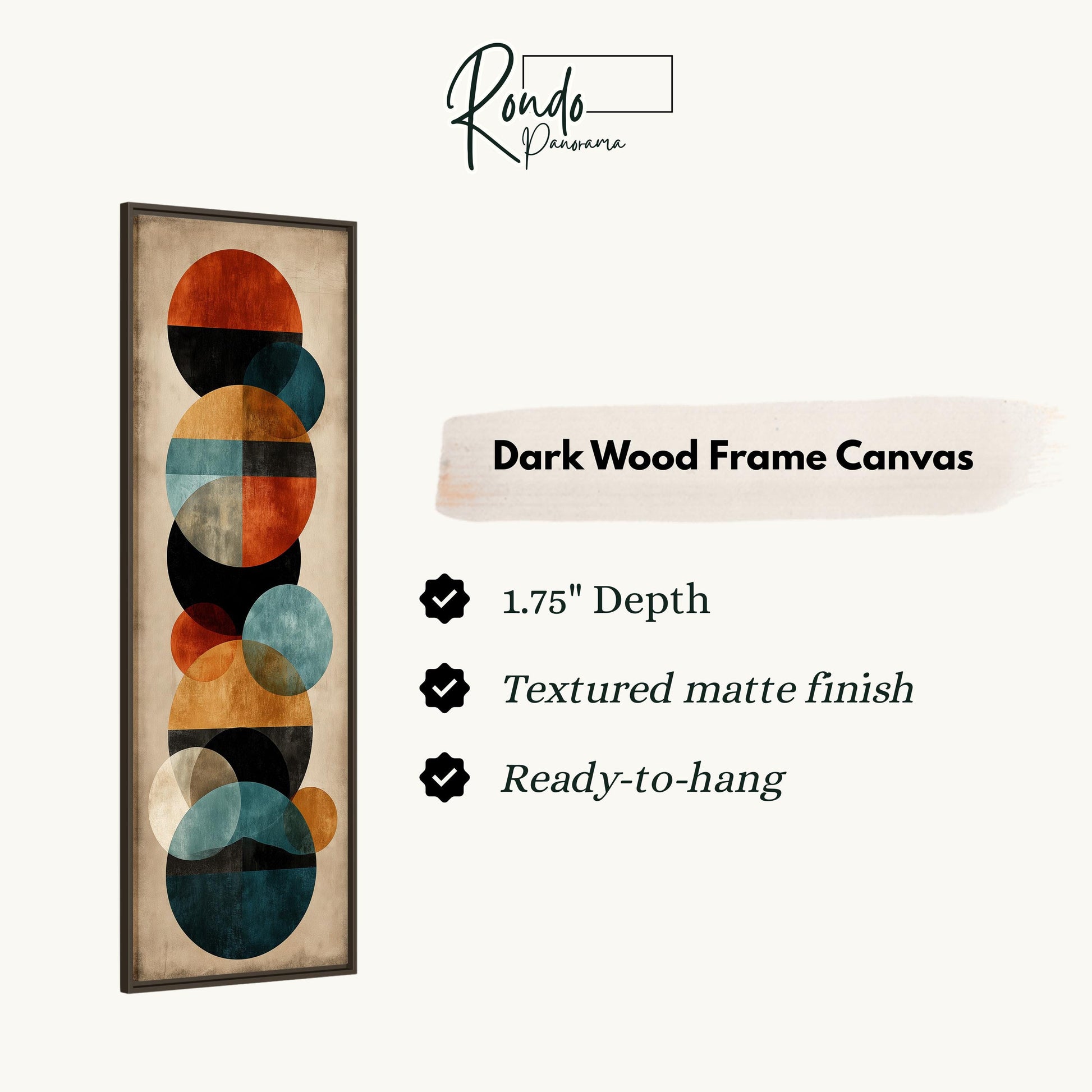The image is a product description for a dark wood frame canvas. It features a vertical design with circles of varying sizes and colors, and provides details about the product, including its dimensions, finish, and hanging capabilities.