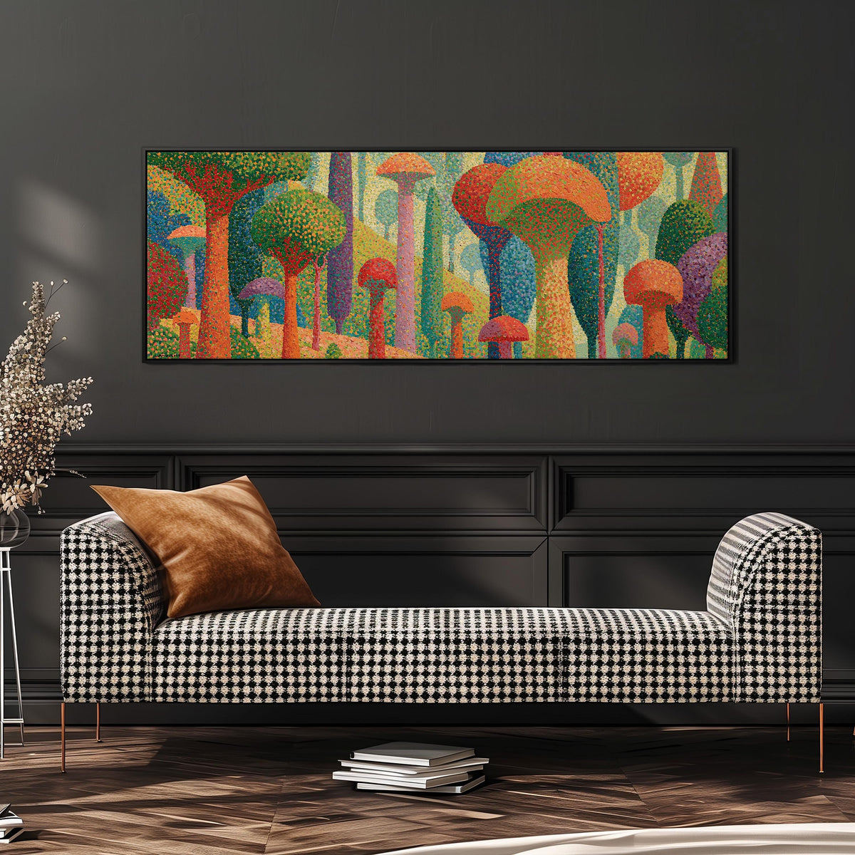 Teal mushroom woodland wide panoramic canvas print above a bench in a dark living room