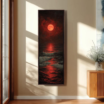 Tall Narrow Blood Red Moon - Long Vertical Seascape Painting