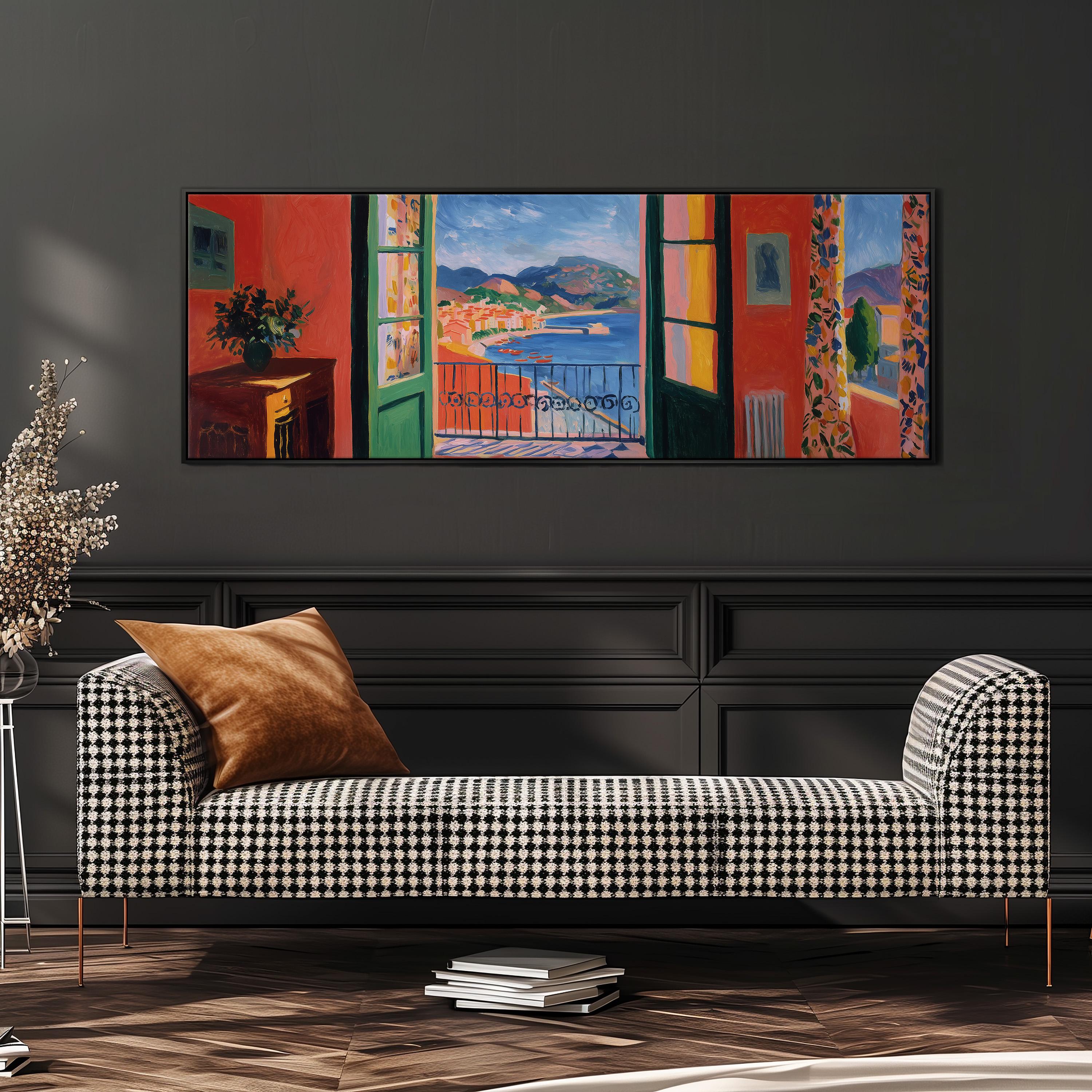 a large, colorful painting of a balcony overlooking a scenic view, hanging on a wall above a black and white checkered sofa.