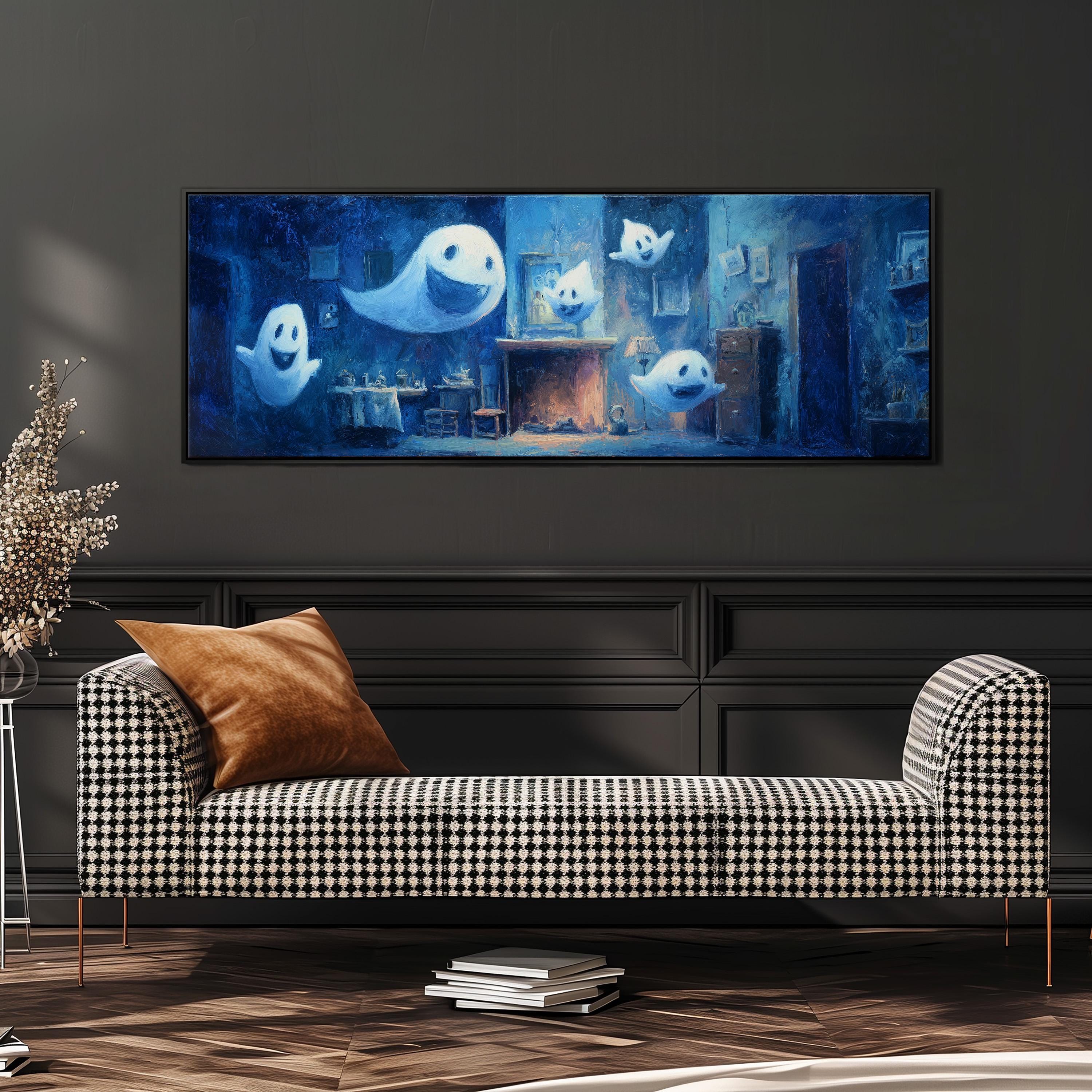 a cozy living room with a black and white checkered sofa, a stack of books, and a painting of ghostly figures on the wall.