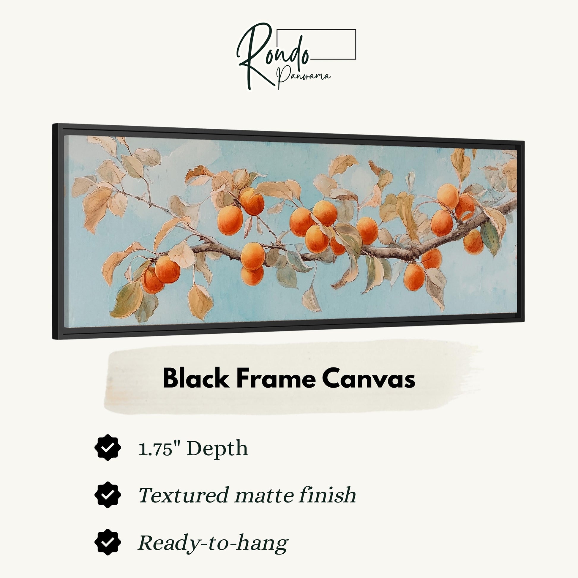 The image is a black frame canvas depicting a branch with orange fruits, possibly cherries or peaches, against a blue background.
