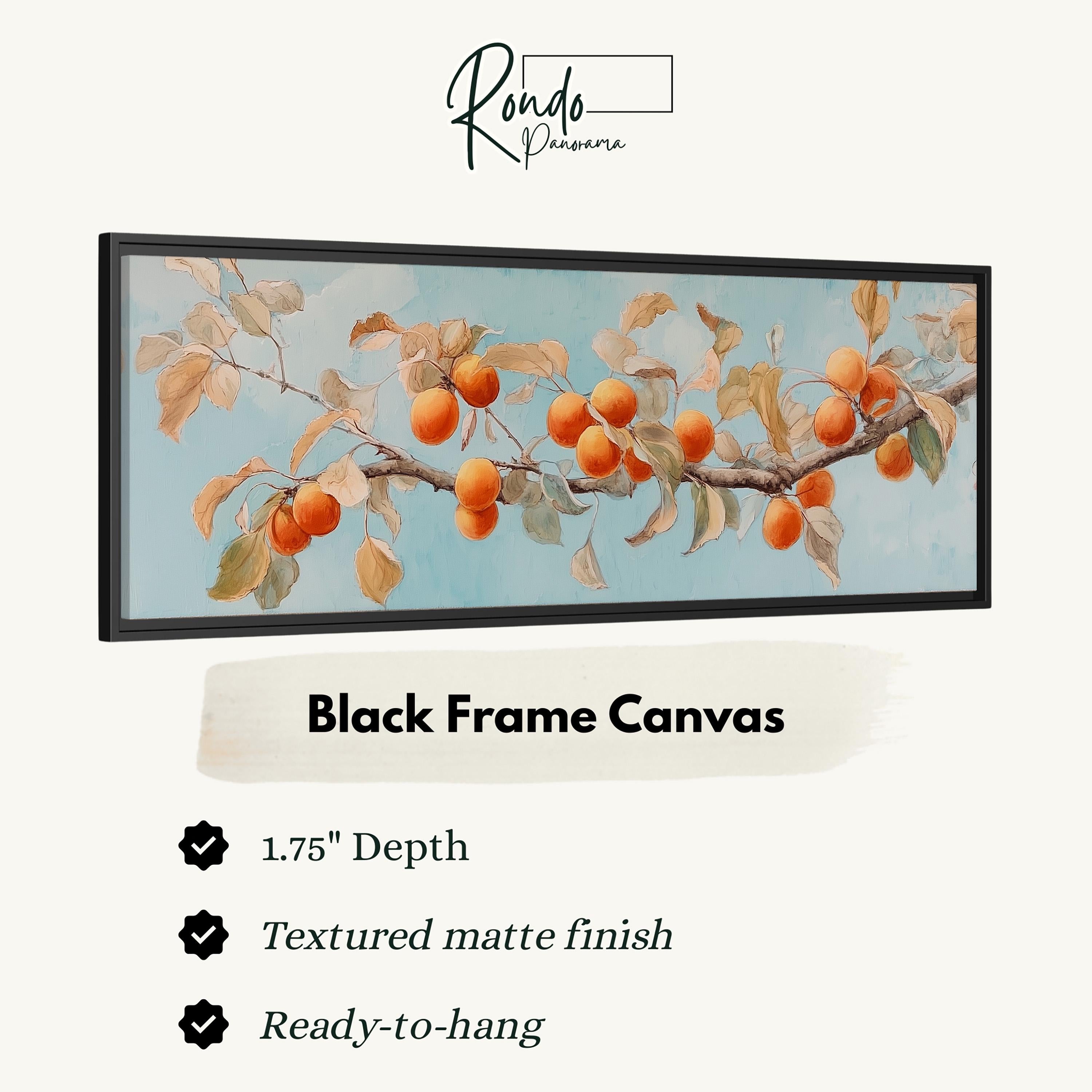The image is a black frame canvas depicting a branch with orange fruits, possibly cherries or peaches, against a blue background.