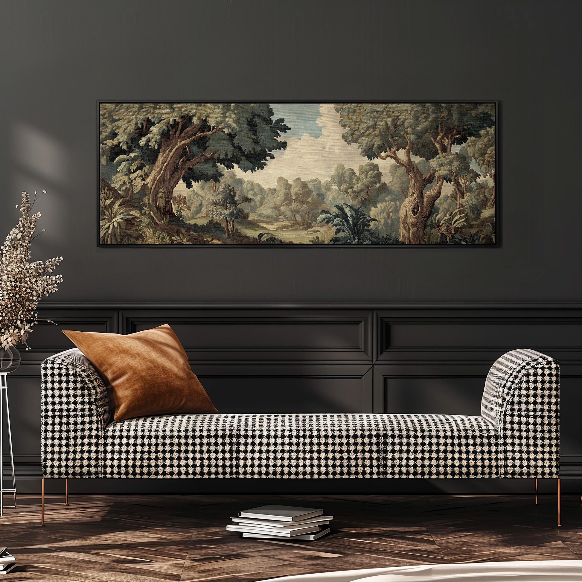 a large painting of a forest scene hanging on a wall above a black and white checkered sofa with a brown throw pillow.