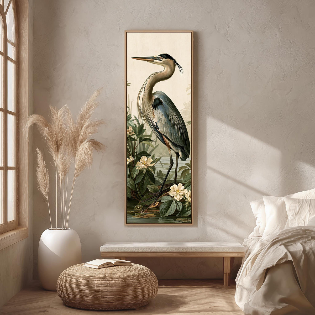 Blue heron among magnolia blooms long vertical canvas print in a bright reading corner