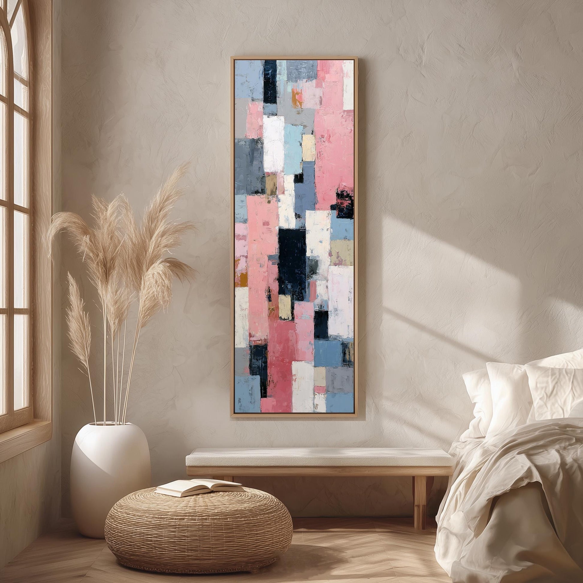 a modern and minimalist bedroom design with a large abstract painting hanging on the wall above a wooden bench. The painting has a vibrant mix of pink, blue, and white colors, creating a lively and energetic atmosphere in the room.