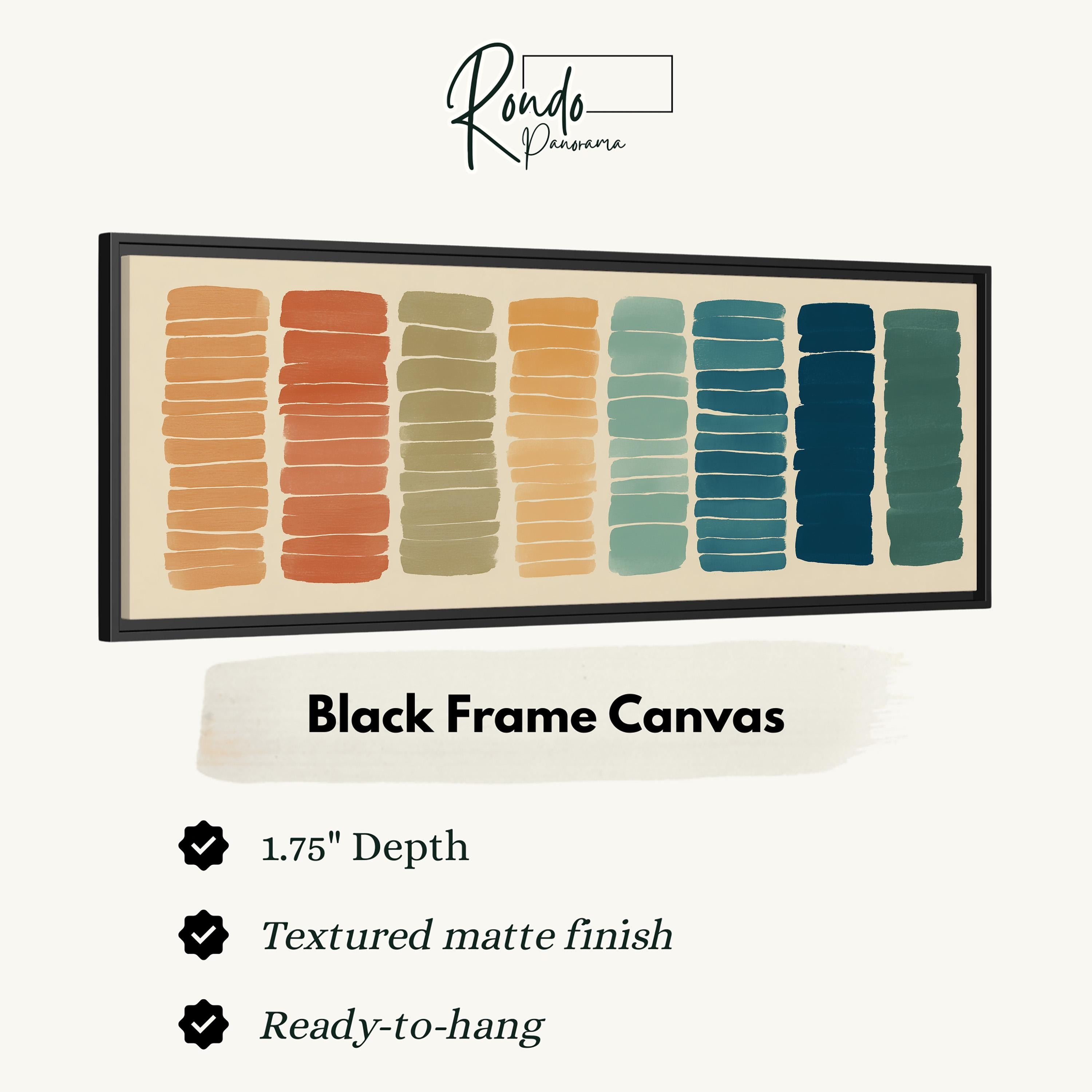The image is a product advertisement for a black frame canvas. It features a black frame with a canvas of different colored lines, and provides information about the product's features.