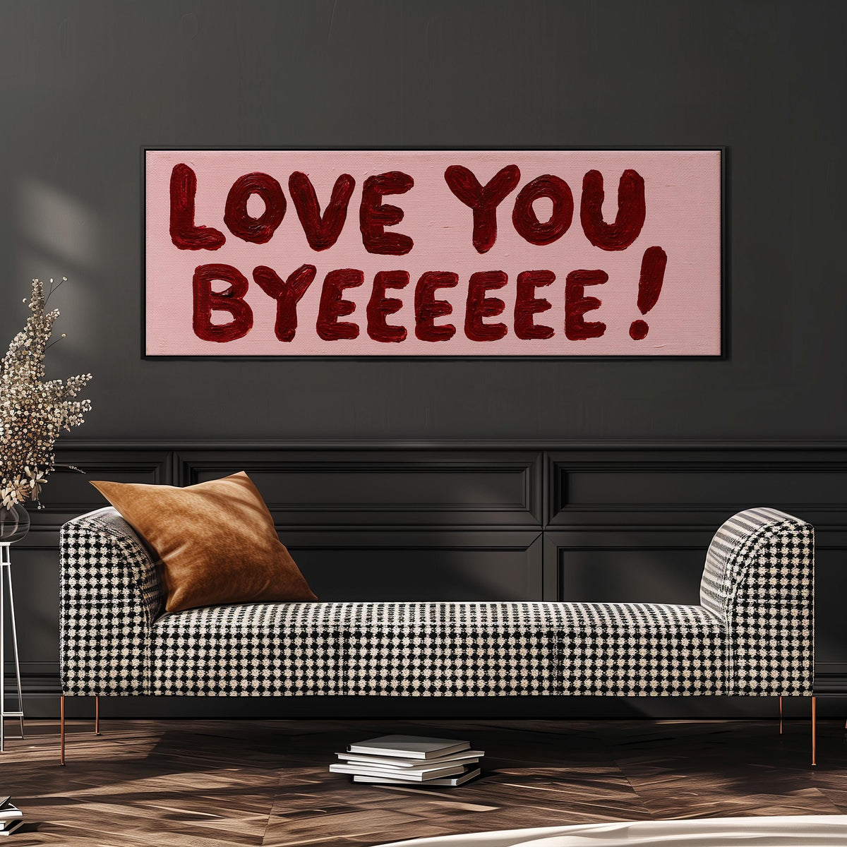 Love you byeeeee retro quote long horizontal canvas print above a dining table