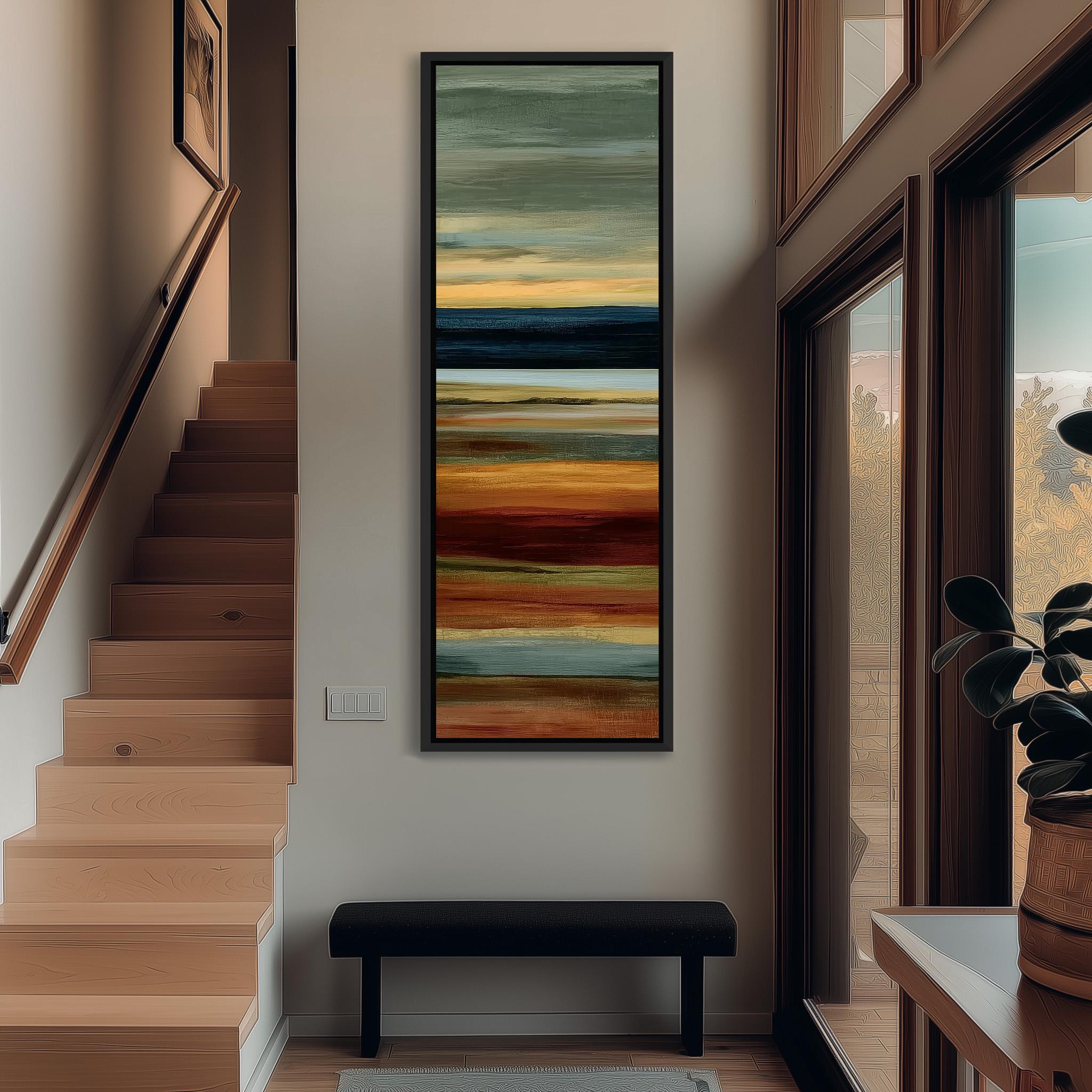 a modern hallway with a large abstract painting hanging on the wall, a wooden staircase, and a bench.