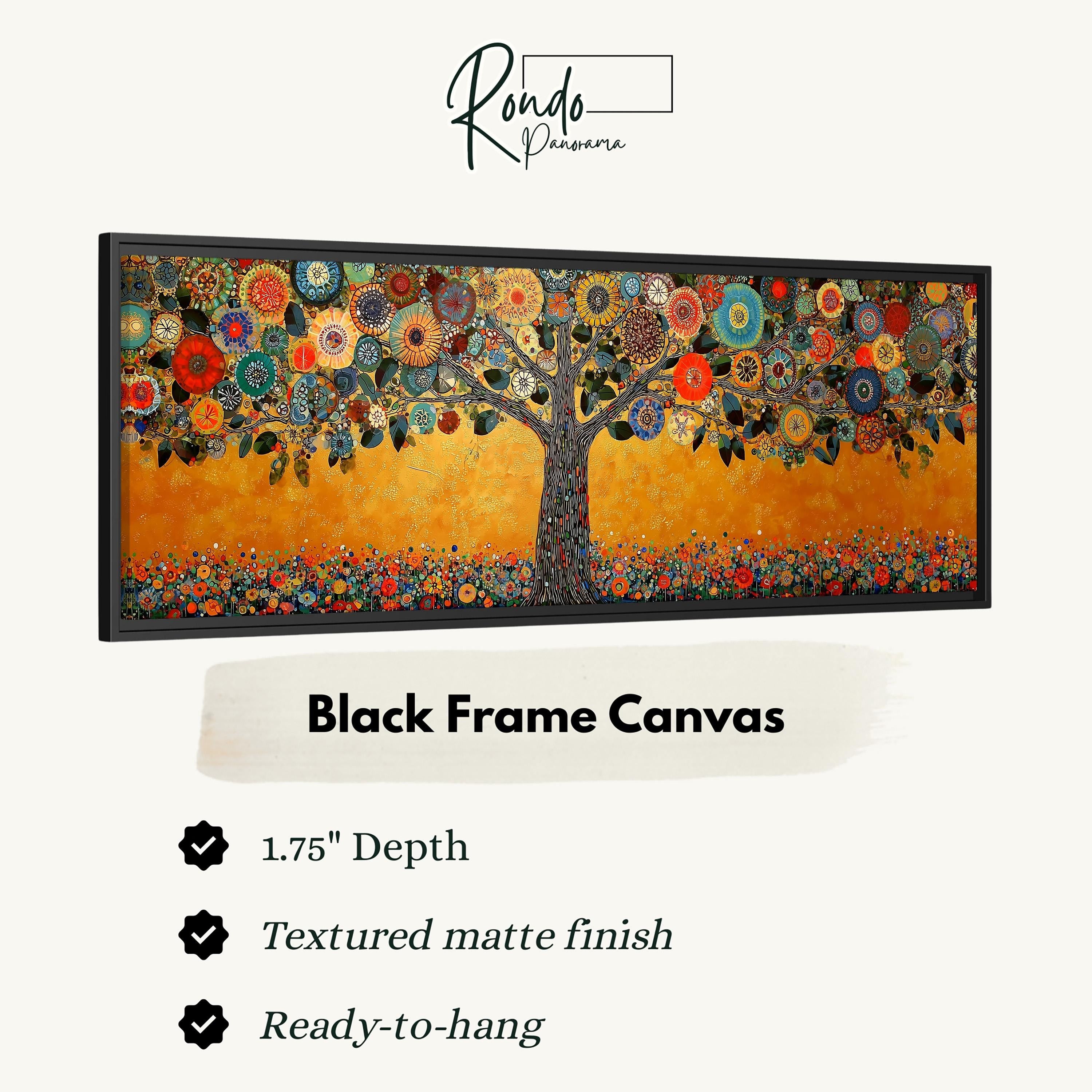 The image is a black frame canvas featuring a vibrant, colorful tree with a variety of flowers and leaves. The canvas is 1.75" deep and has a textured matte finish. It is ready to hang and is described as a "Black Frame Canvas" with a "Textured matte finish".