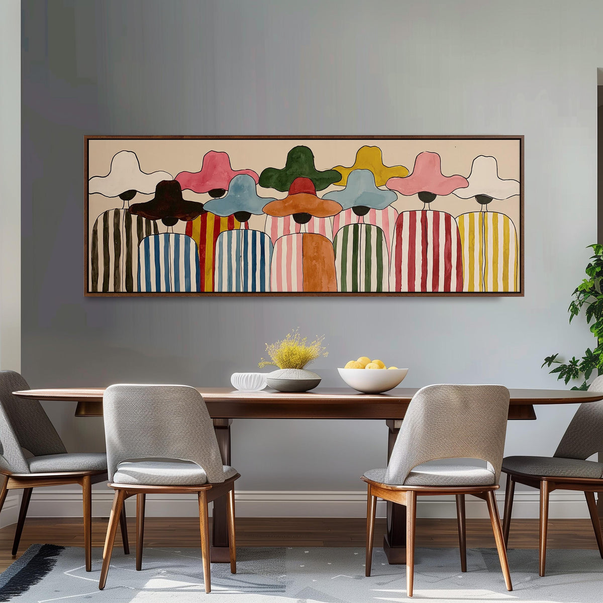 Crowd of figures in colorful sun hats long horizontal canvas print above a dining table